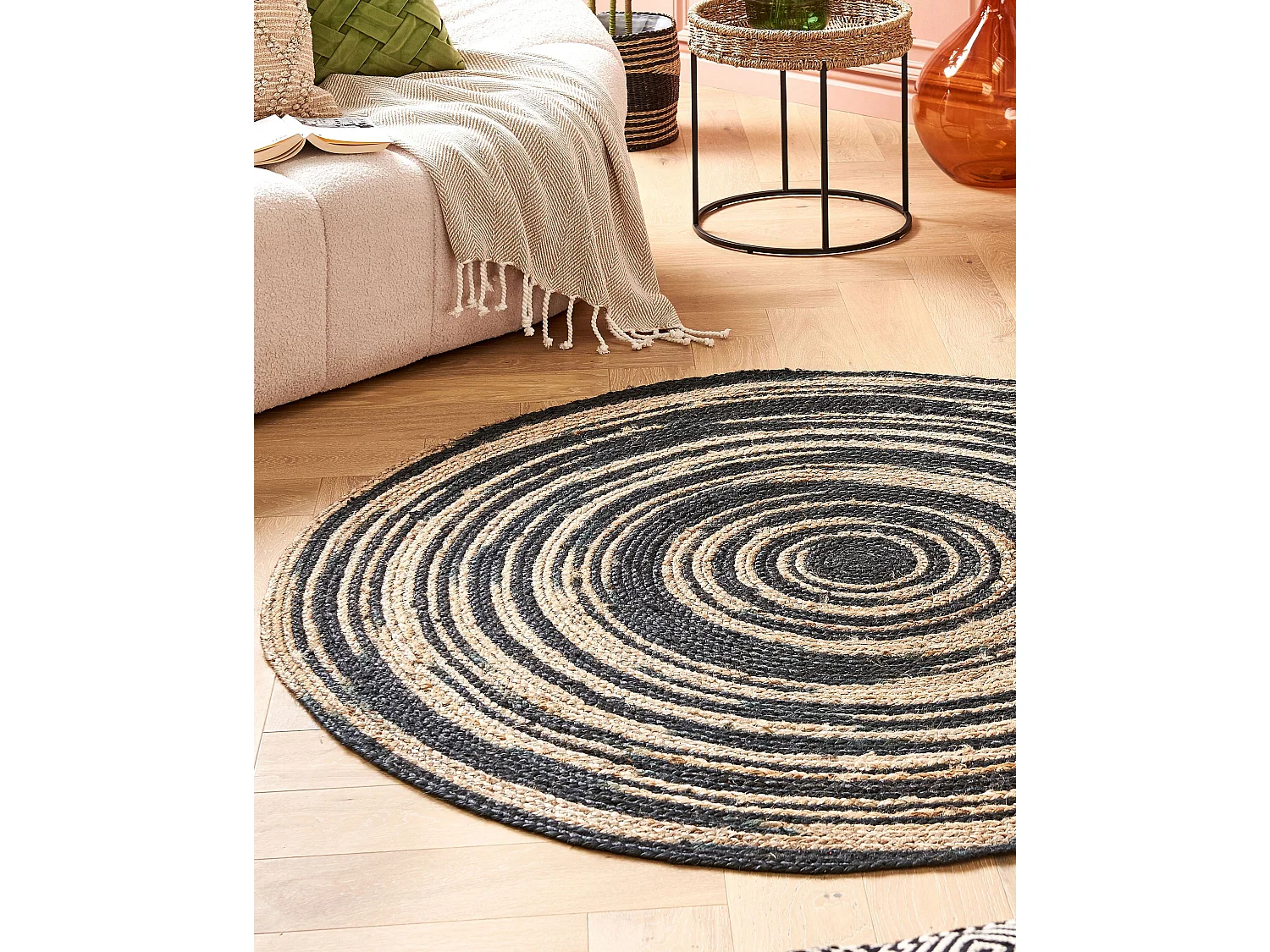 Runder Teppich Jute beige/schwarz ⌀ 140 cm Spiral Muster Boho Stil Artora