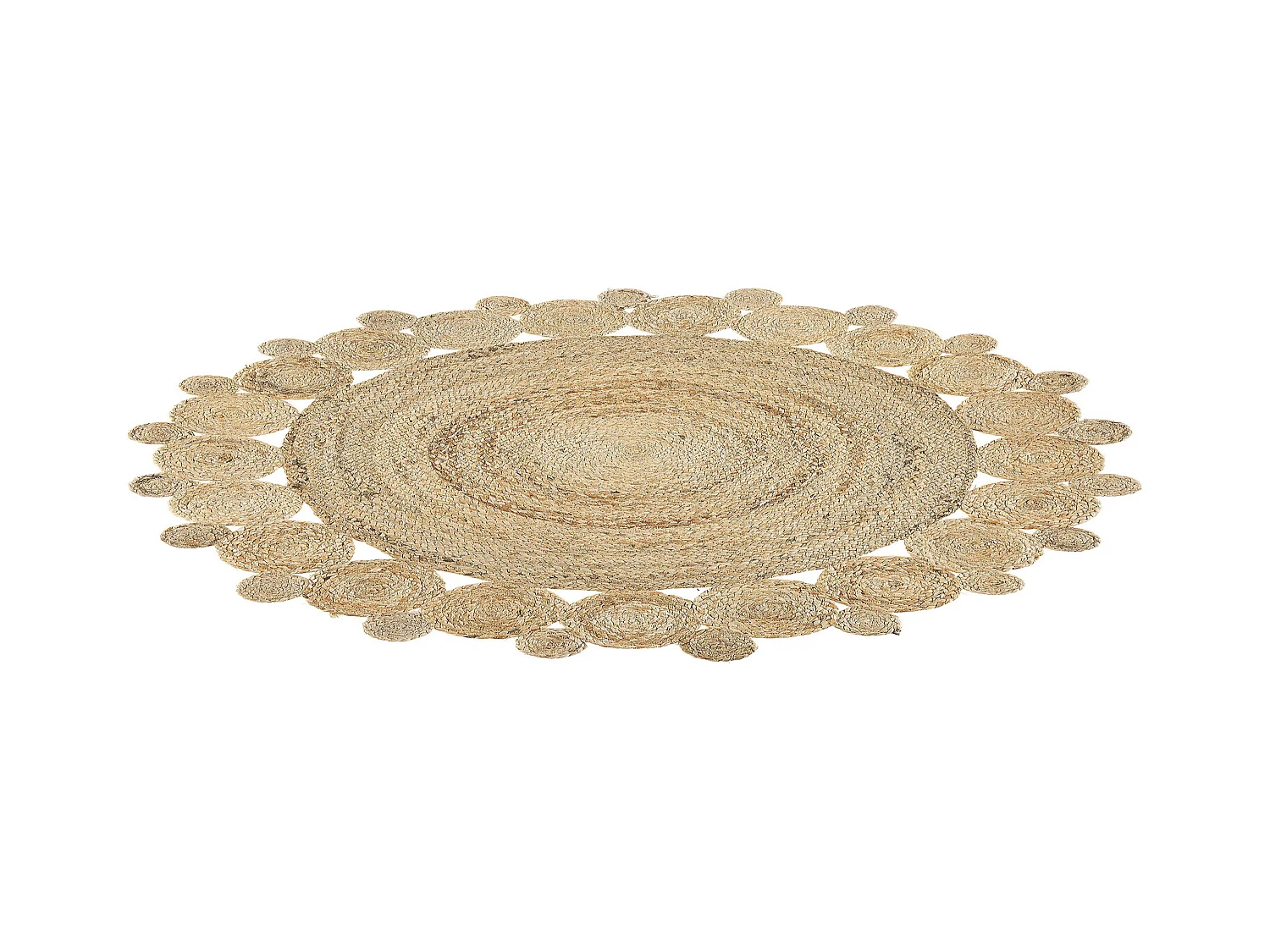 Boho Teppich aus Naturfaser Jute beige rund 120 cm mit Kreismuster Golgen