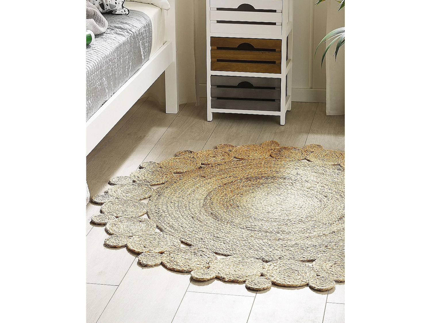 Boho Teppich aus Naturfaser Jute beige rund 120 cm mit Kreismuster Golgen