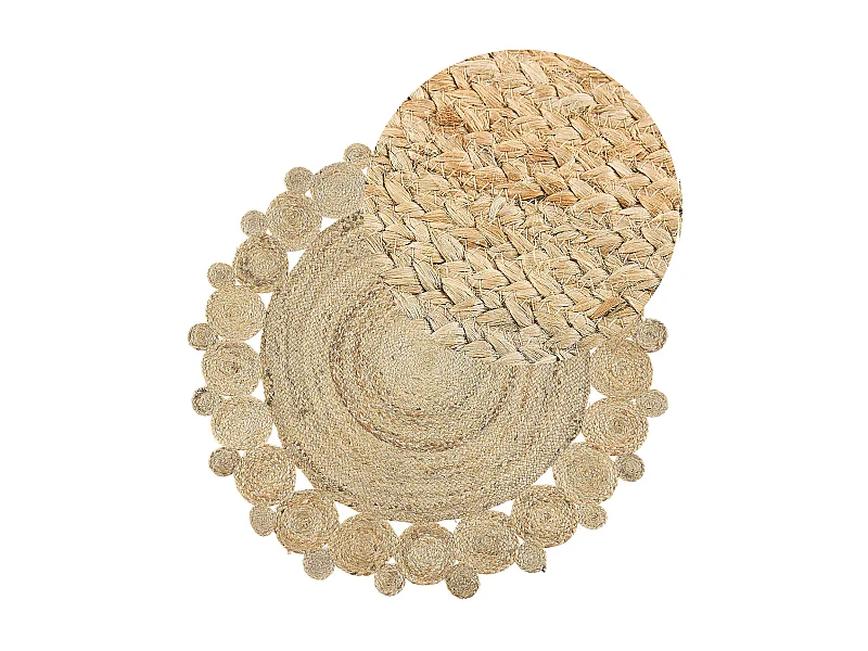 Boho Teppich aus Naturfaser Jute beige rund 120 cm mit Kreismuster Golgen