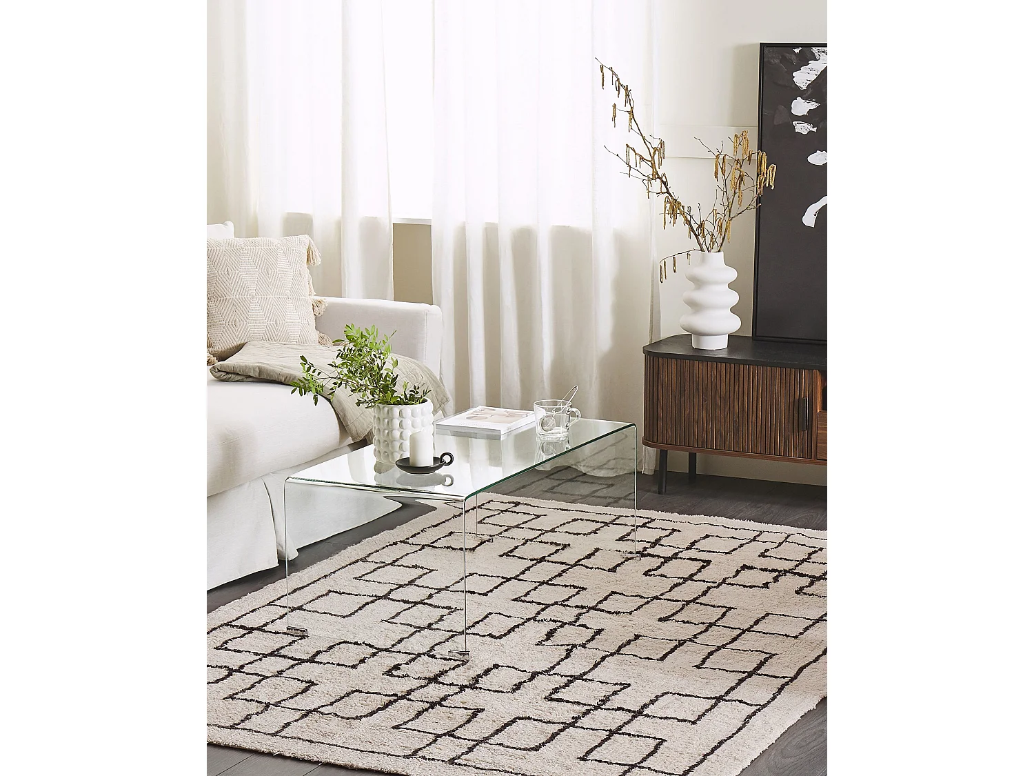 Teppich Baumwolle beige geometrisches Muster 160 x 230 cm Kurzflor Skandi Turhal