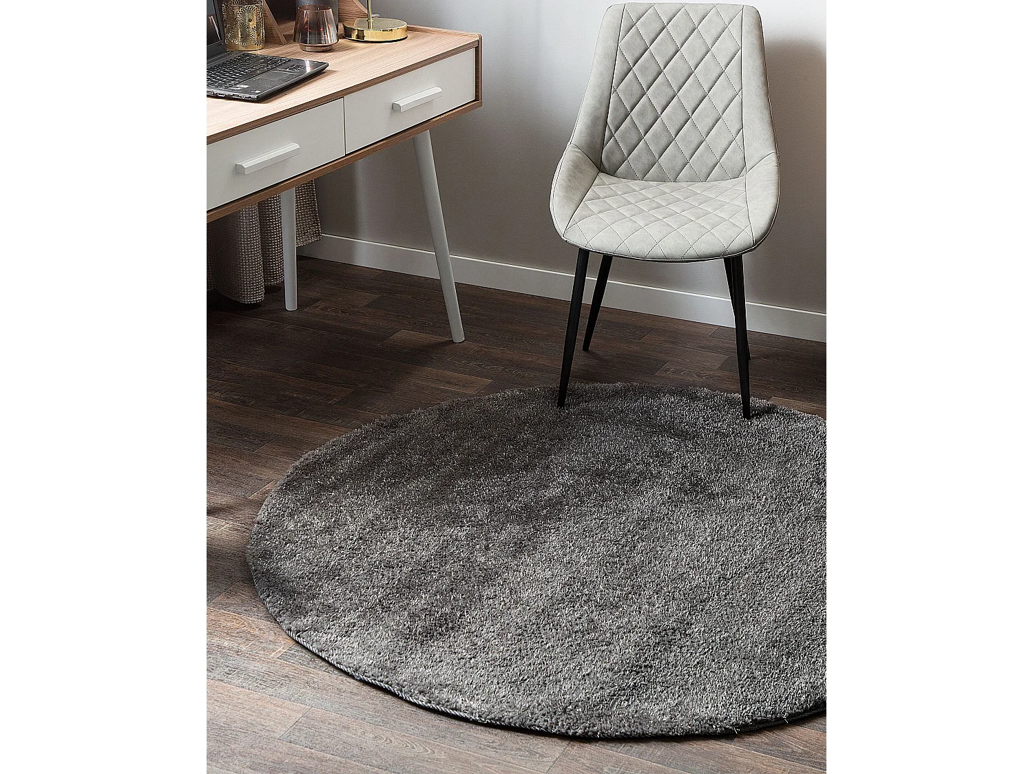 Läufer Teppich rund ⌀ 140 cm dunkelgrau getuftet Shaggy Hochflor Modern Demre