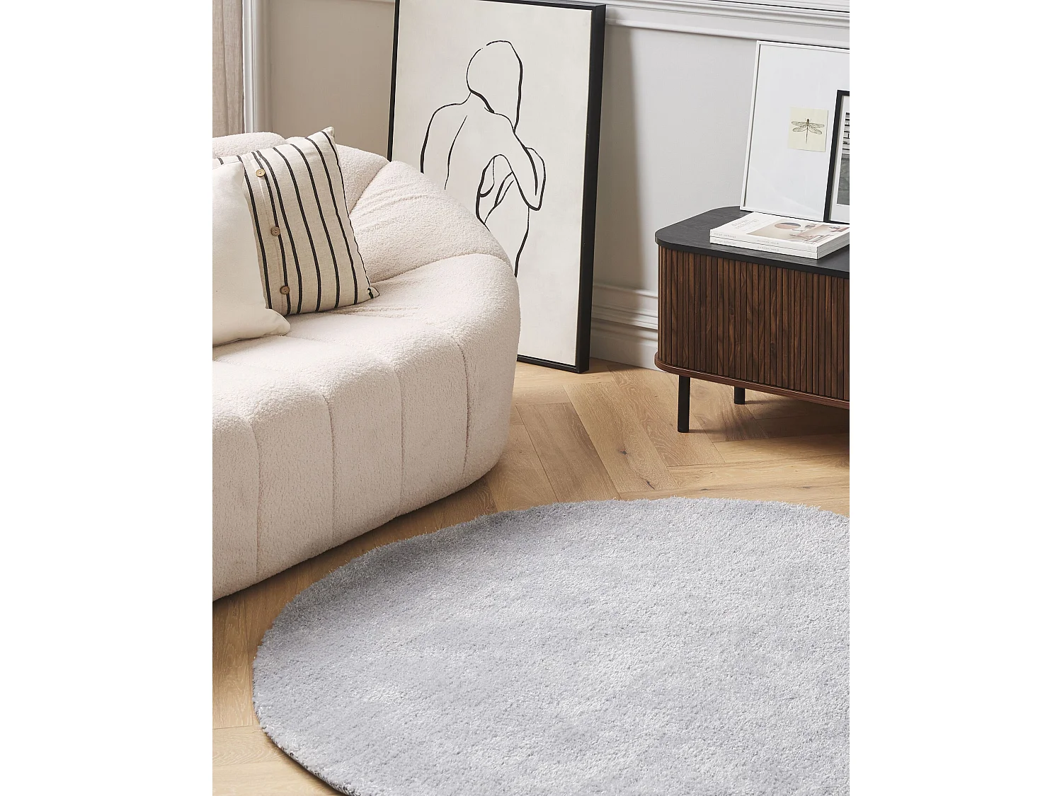 Läufer Teppich rund ⌀ 140 cm grau getuftet Shaggy Hochflor Modern Demre