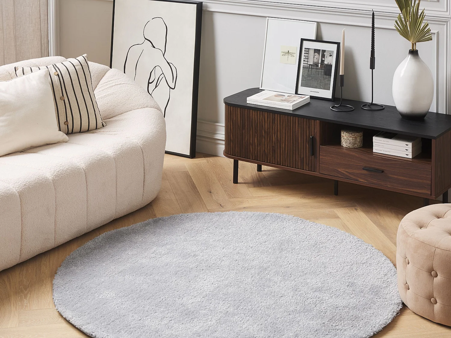 Tapis rond en tissu gris clair DEMRE