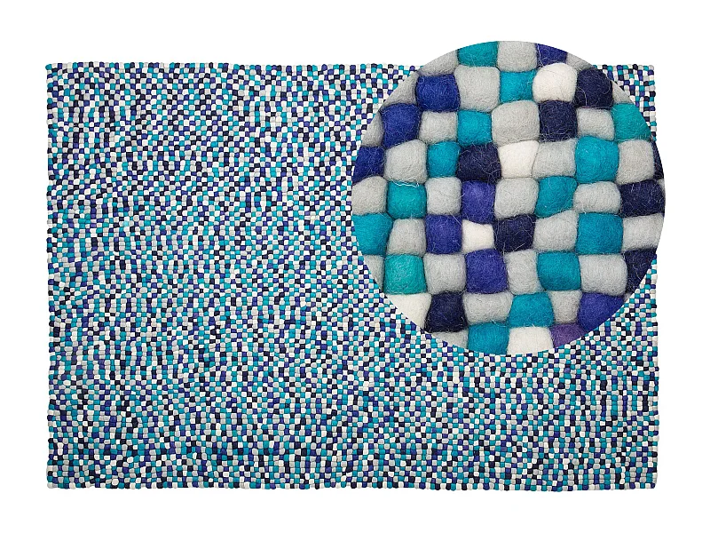 Teppich rechteckig Wollteppich Filzkugelteppich 160 x 230 cm Blau / Weiß Amdo