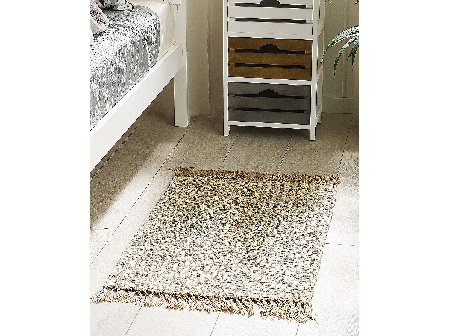 Rechteckiger Boho Teppich Jute Baumwolle mit Fransen beige 50x80 cm Adabag