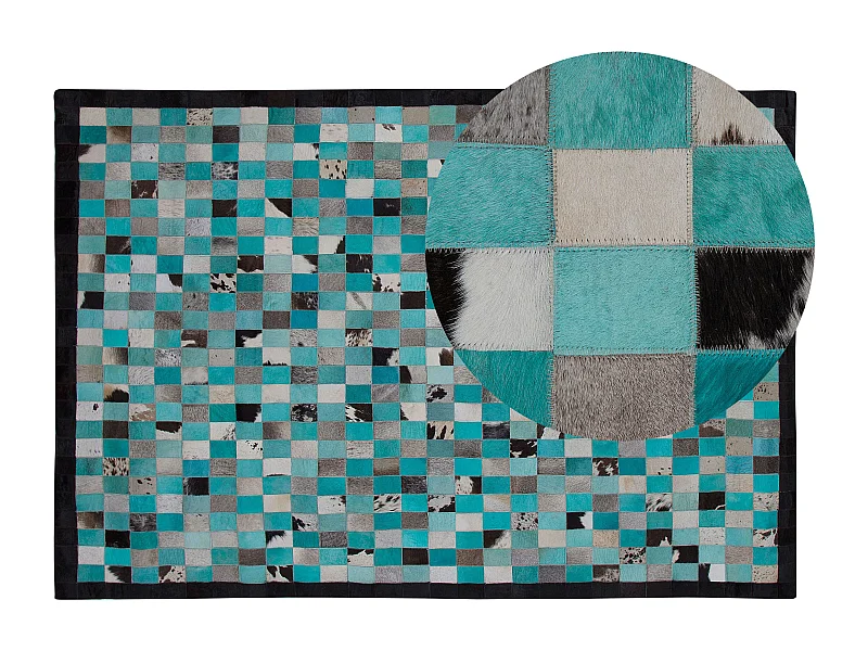 Rechteckiger Leder Teppich mit leuchtendem Muster in Türkis/Grau 140x200 cm