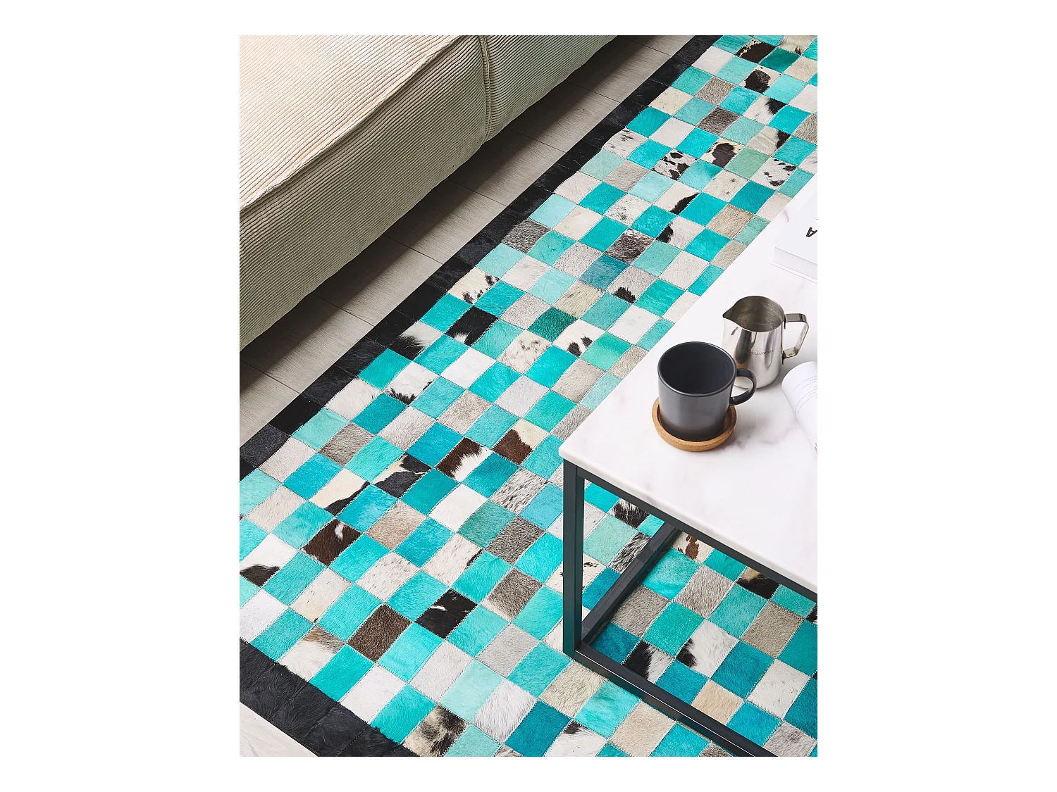 Rechteckiger Leder Teppich mit leuchtendem Muster in Türkis/Grau 140x200 cm