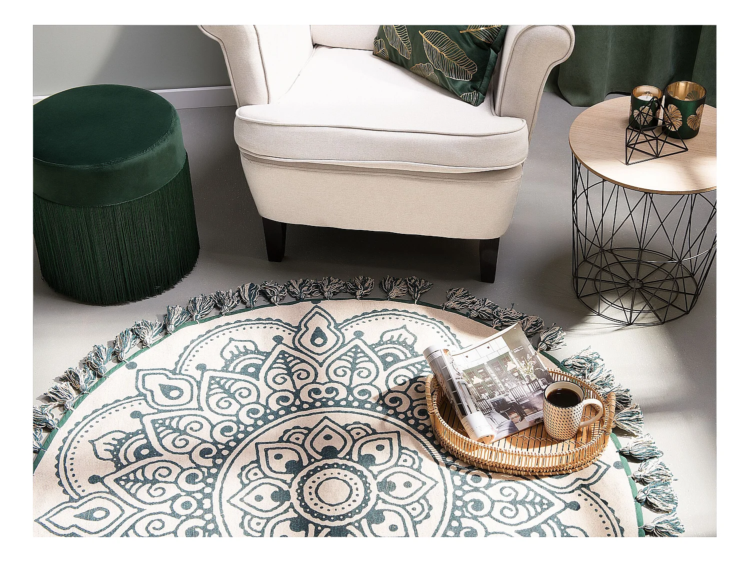 Teppich Baumwolle Mandala-Muster beige / grün rund dia. 120 cm Irice