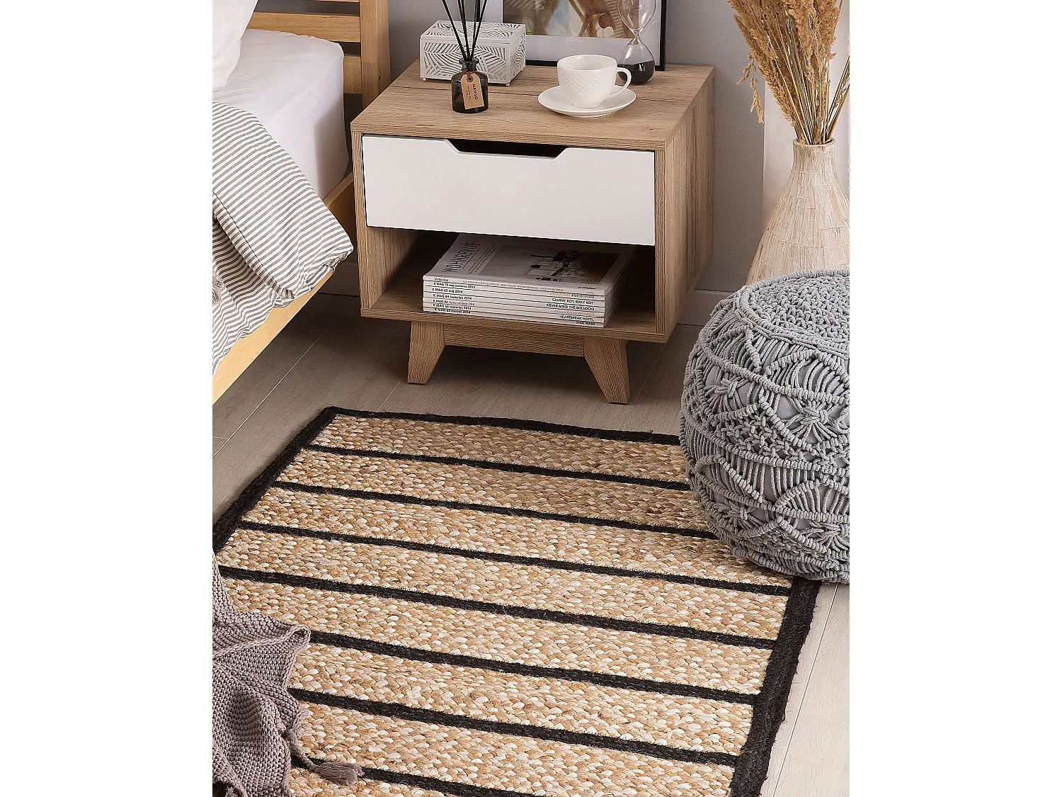 Rechteckiger Kurzflor Teppich schwarz/beige 80x150 cm Landhausstil Karadona