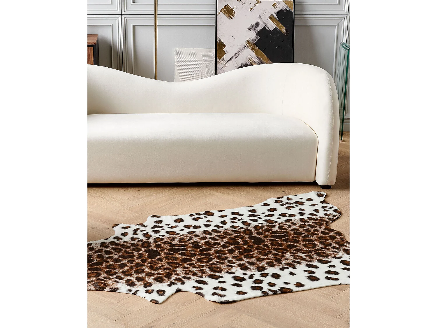 Kunstfell Teppich Leopardenmuster braun weiß Überwurf Fellform 130 x 170 cm Bogong