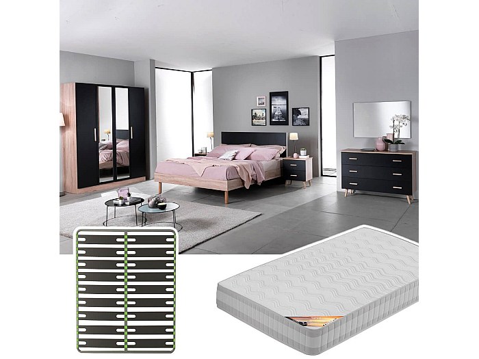 chambre complète mondo – lit 160x200 avec sommier + armoire + commode