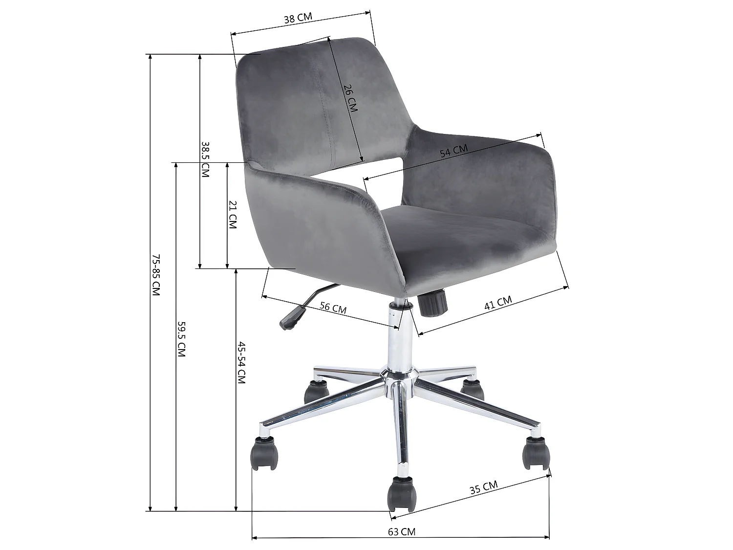 Chaise de bureau grise avec revêtement en tissu - réglable en hauteur - 55 * 56 * 75-85cm