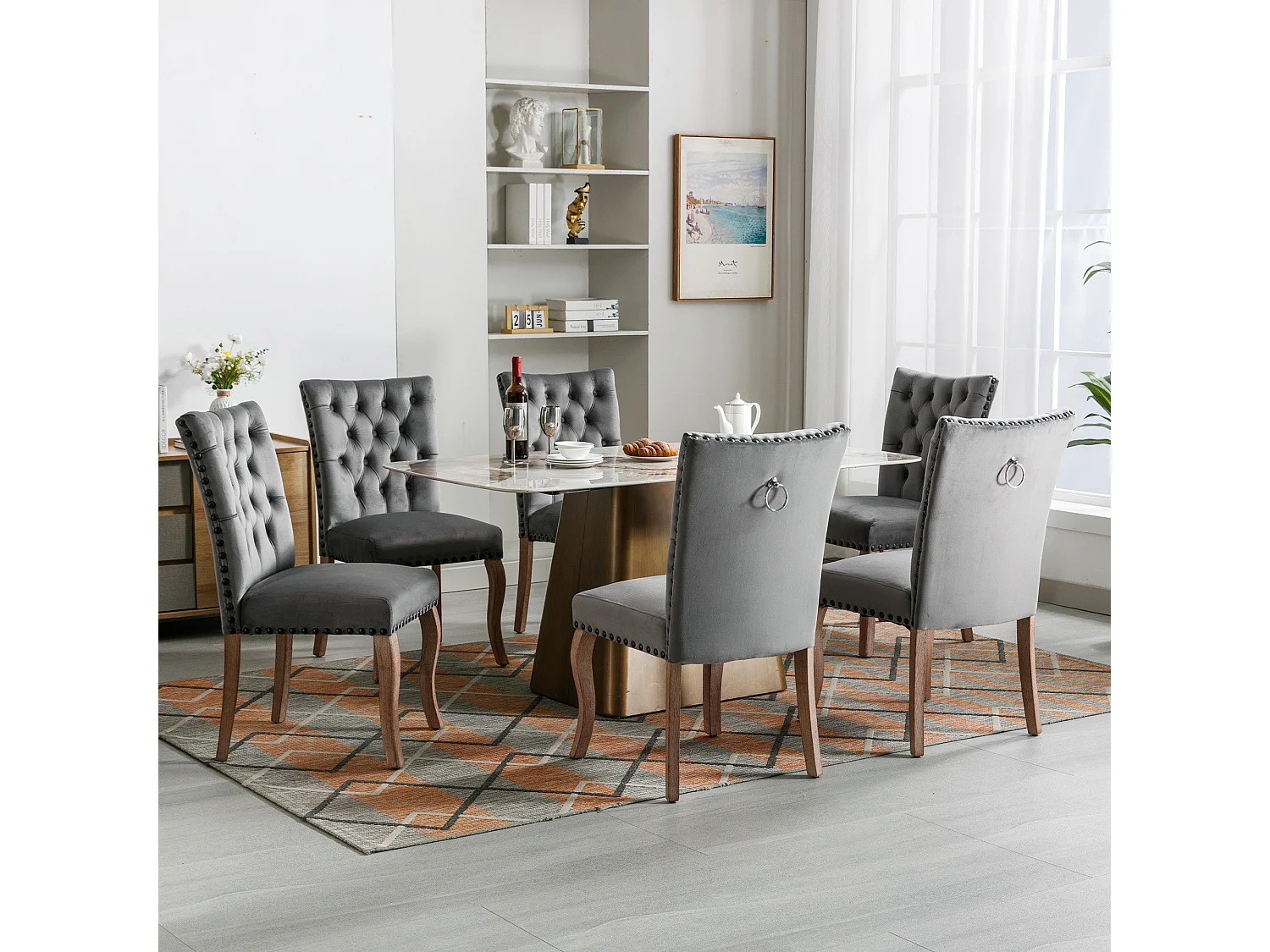 Chaise salle à manger velluto grigio dossier con annesso decorativo cloutée pieds bois massiccio 49x63x95 cm lotto di 6