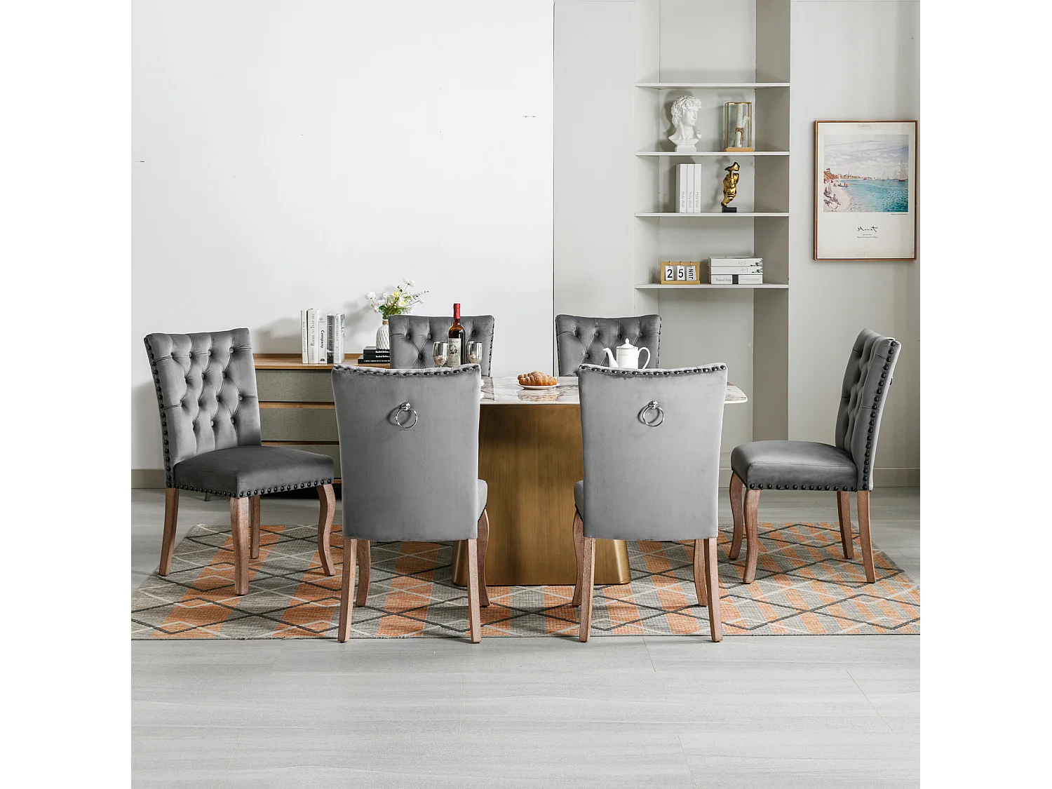 Silla de comedor de terciopelo gris con respaldo y aro decorativo tachonado, patas de madera maciza, 49x63x95 cm, juego de 6