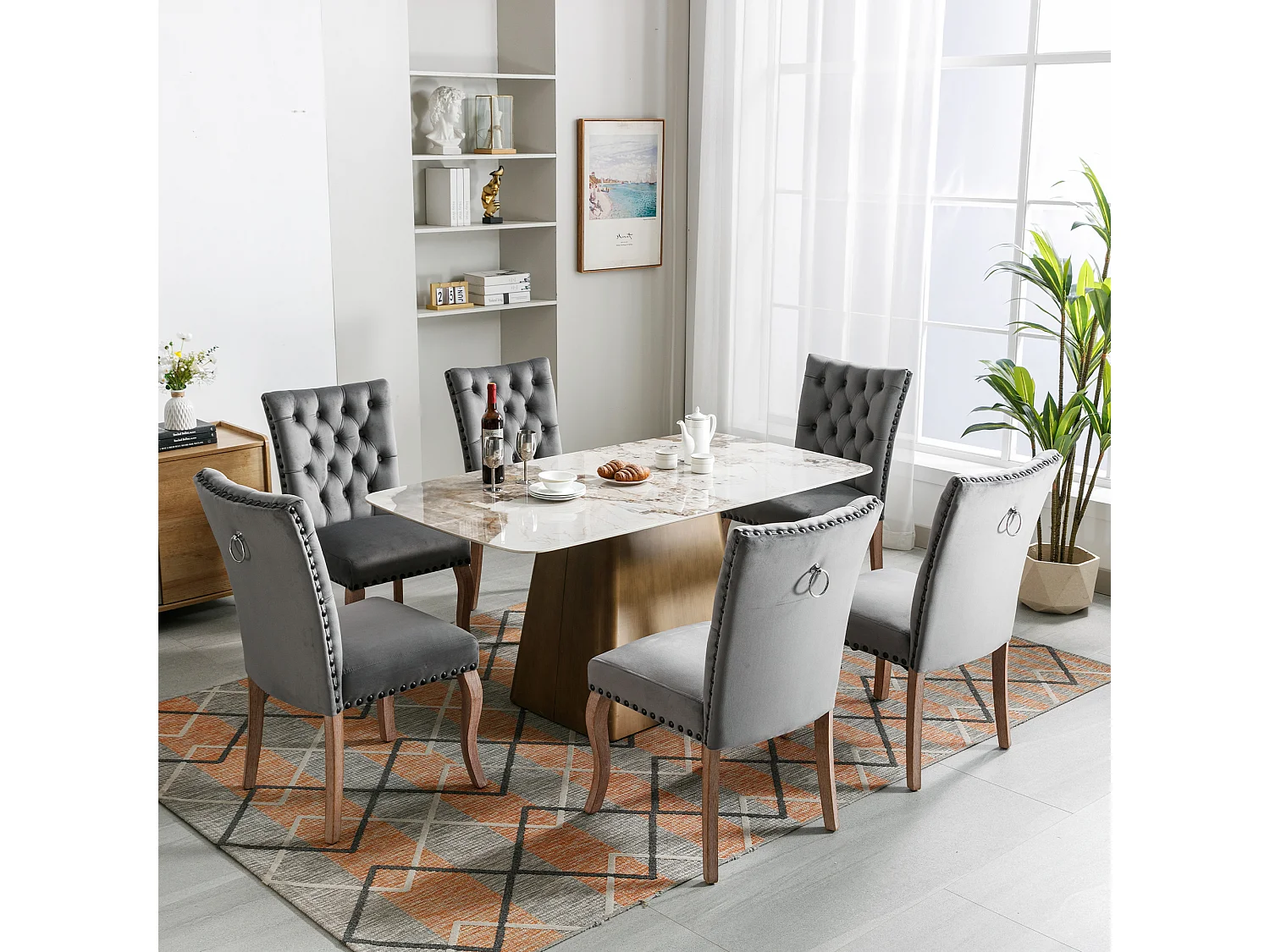 Silla de comedor de terciopelo gris con respaldo y aro decorativo tachonado, patas de madera maciza, 49x63x95 cm, juego de 6