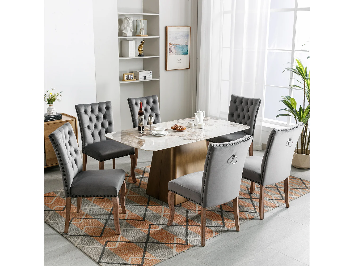 Silla de comedor de terciopelo gris con respaldo y aro decorativo tachonado, patas de madera maciza, 49x63x95 cm, juego de 6