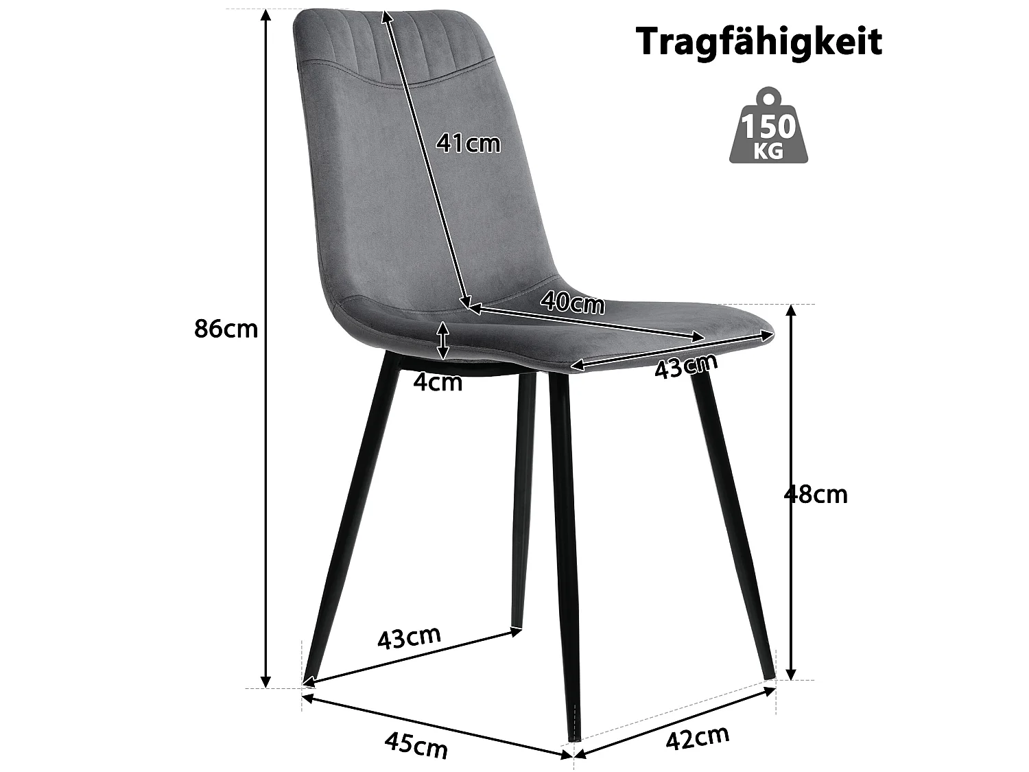 Lot de 4 chaises de salle à manger en velours gris foncé
