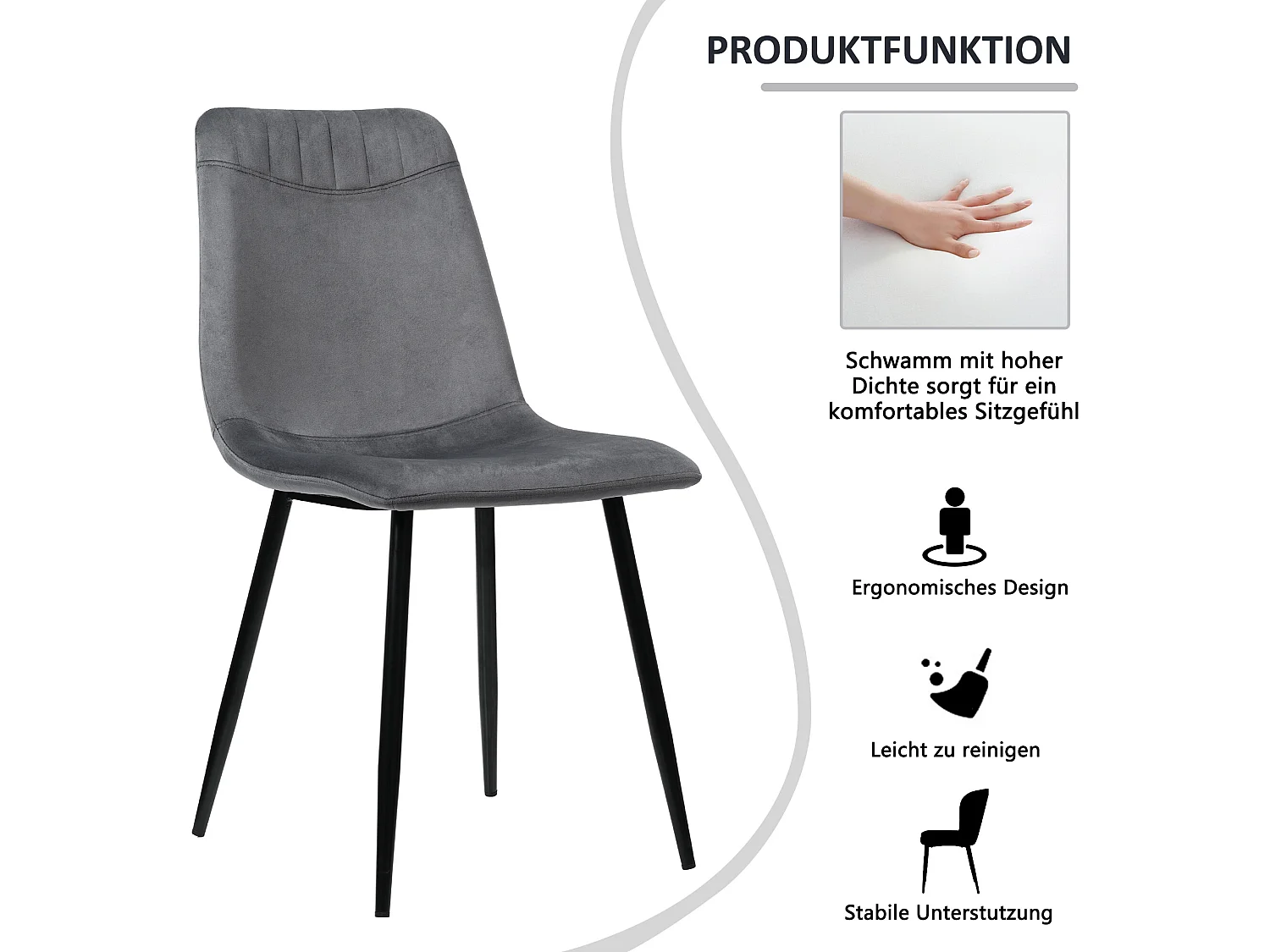 Lot de 4 chaises de salle à manger en velours gris foncé