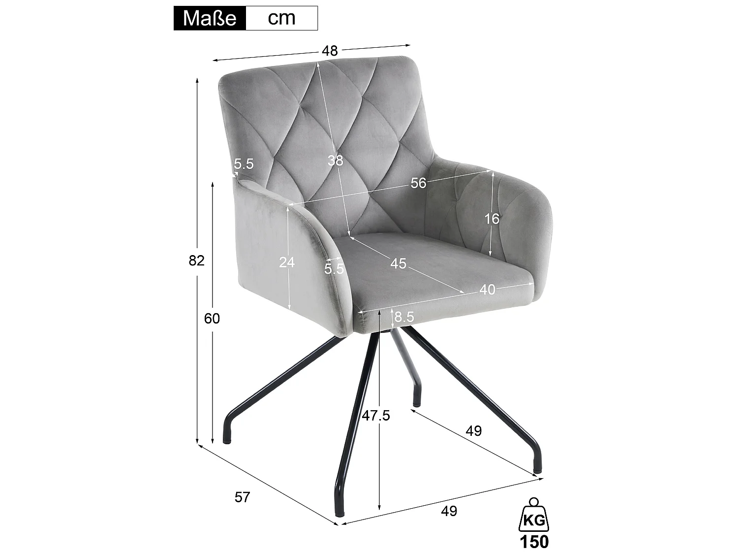 4 eetkamerstoelen met ruitpatroon, lichtgrijze zitting