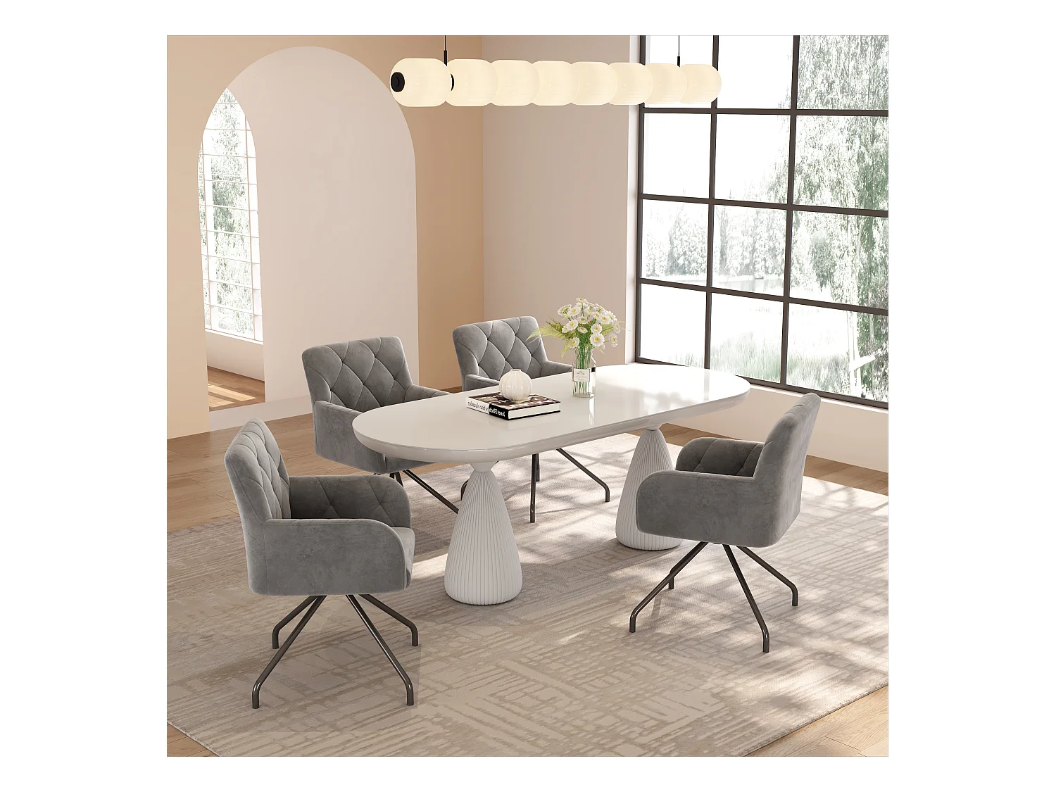 4 chaises de salle à manger avec motif losange, siège gris clair