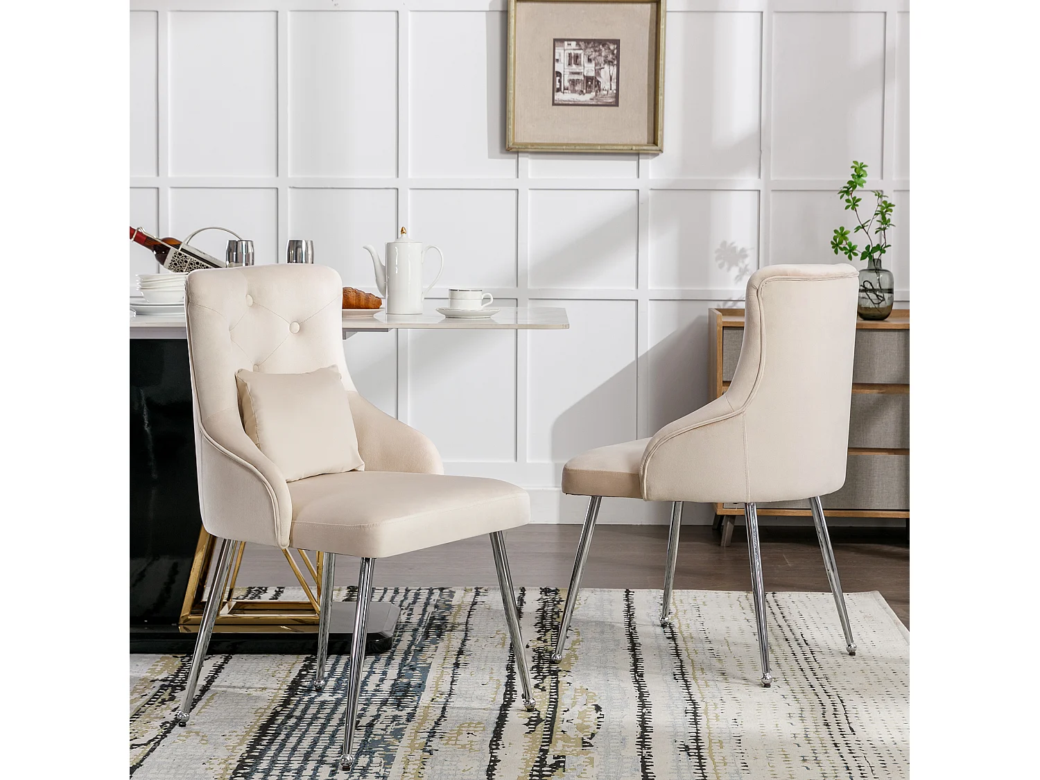 Sillón de comedor de terciopelo beige con cojín lumbar, diseño moderno, patas metálicas estables, juego de 6