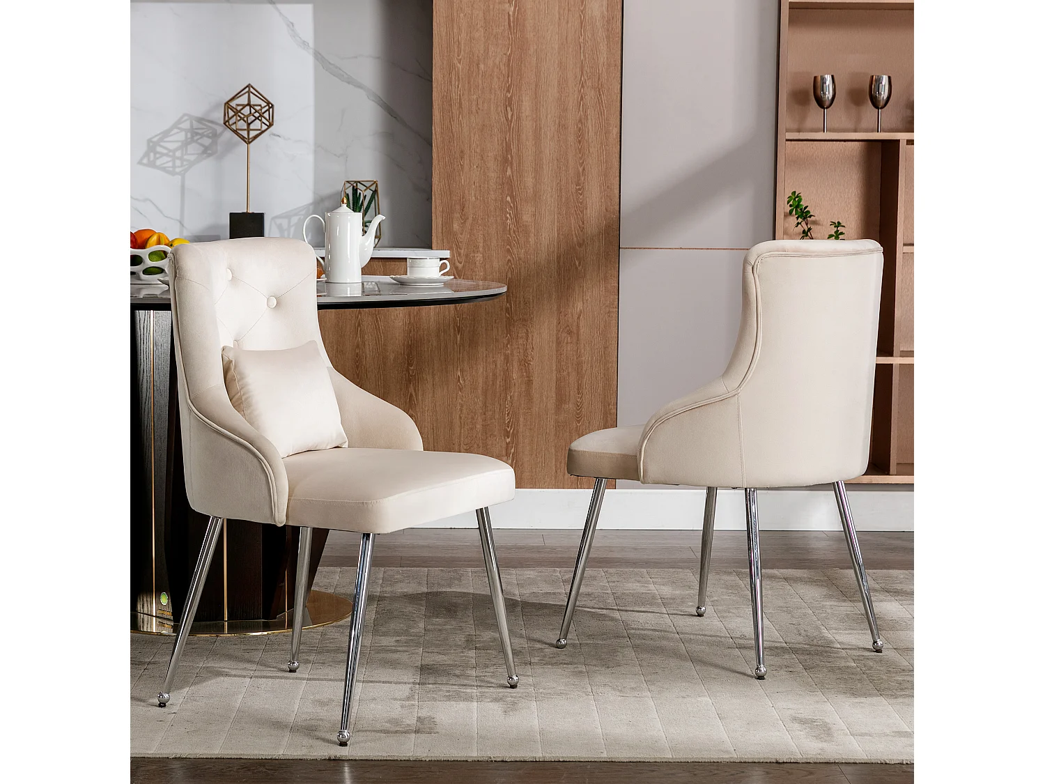 Sillón de comedor de terciopelo beige con cojín lumbar, diseño moderno, patas metálicas estables, juego de 6