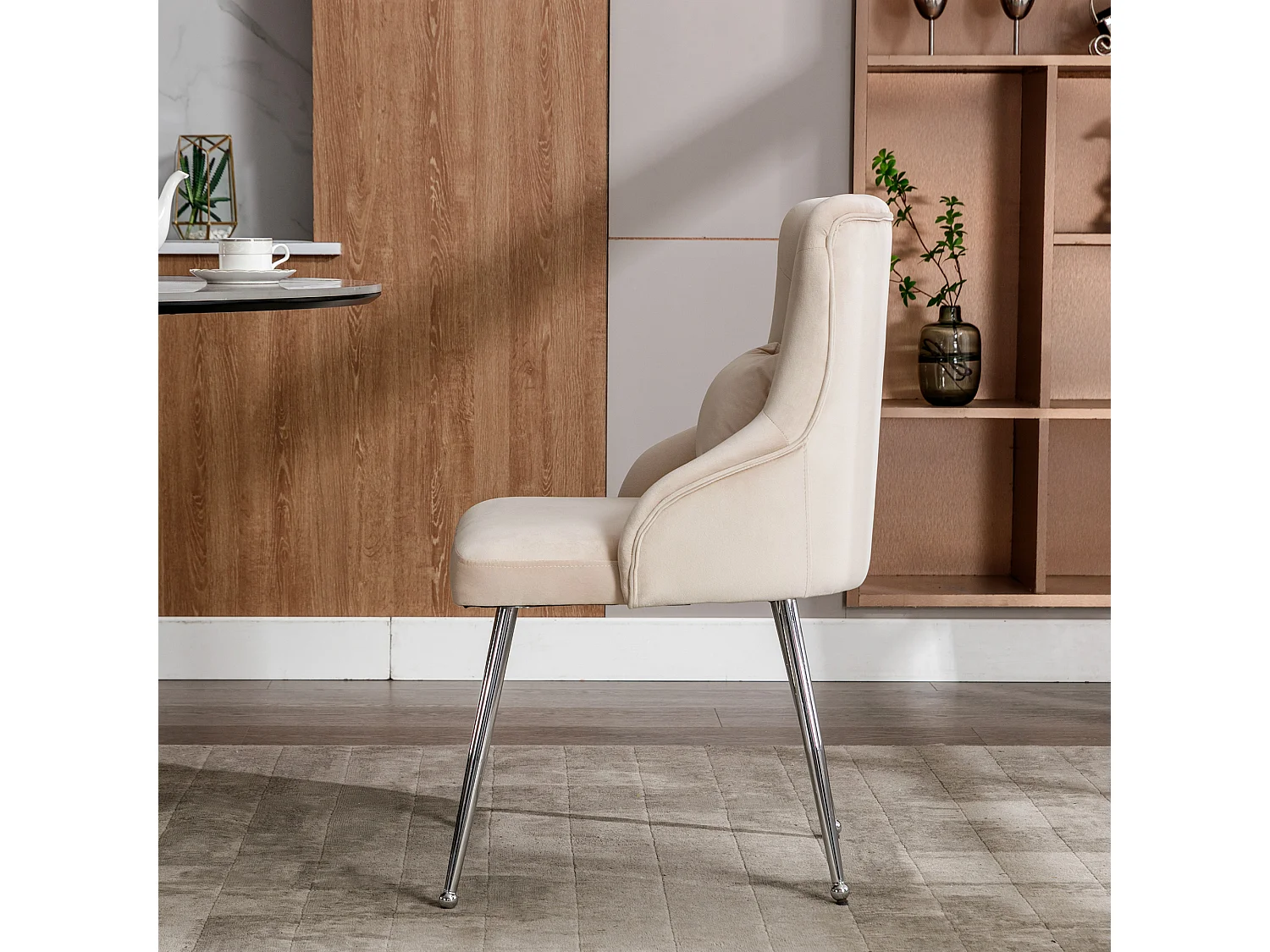 Sillón de comedor de terciopelo beige con cojín lumbar, diseño moderno, patas metálicas estables, juego de 6