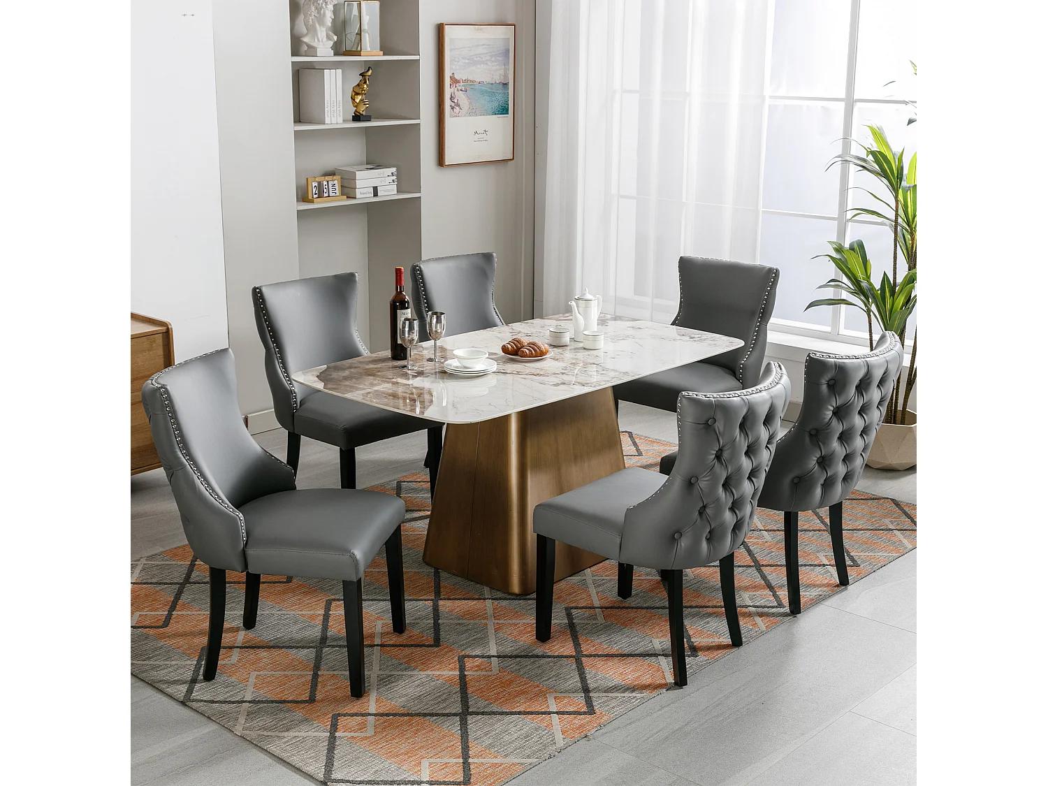 Moderne stoel met geknoopte rugleuning, massief houten poten, grijs