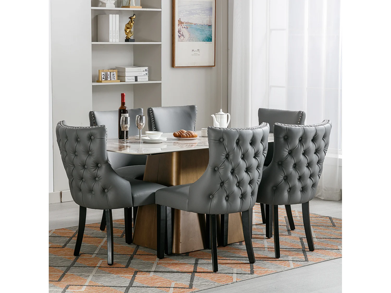 Moderne stoel met geknoopte rugleuning, massief houten poten, grijs