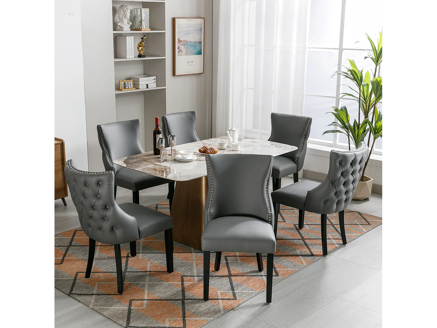 Moderne stoel met geknoopte rugleuning, massief houten poten, grijs