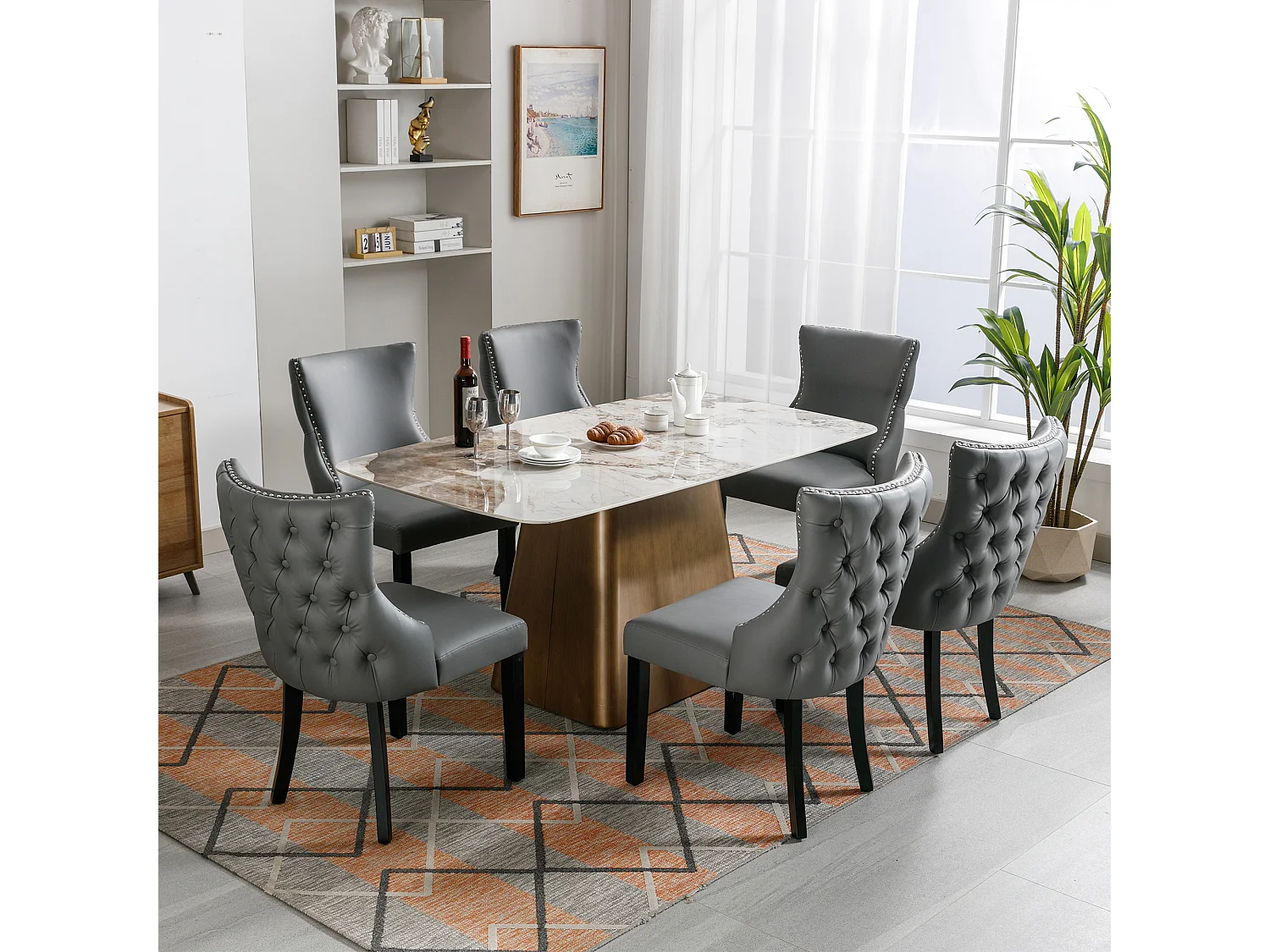 Moderne stoel met geknoopte rugleuning, massief houten poten, grijs