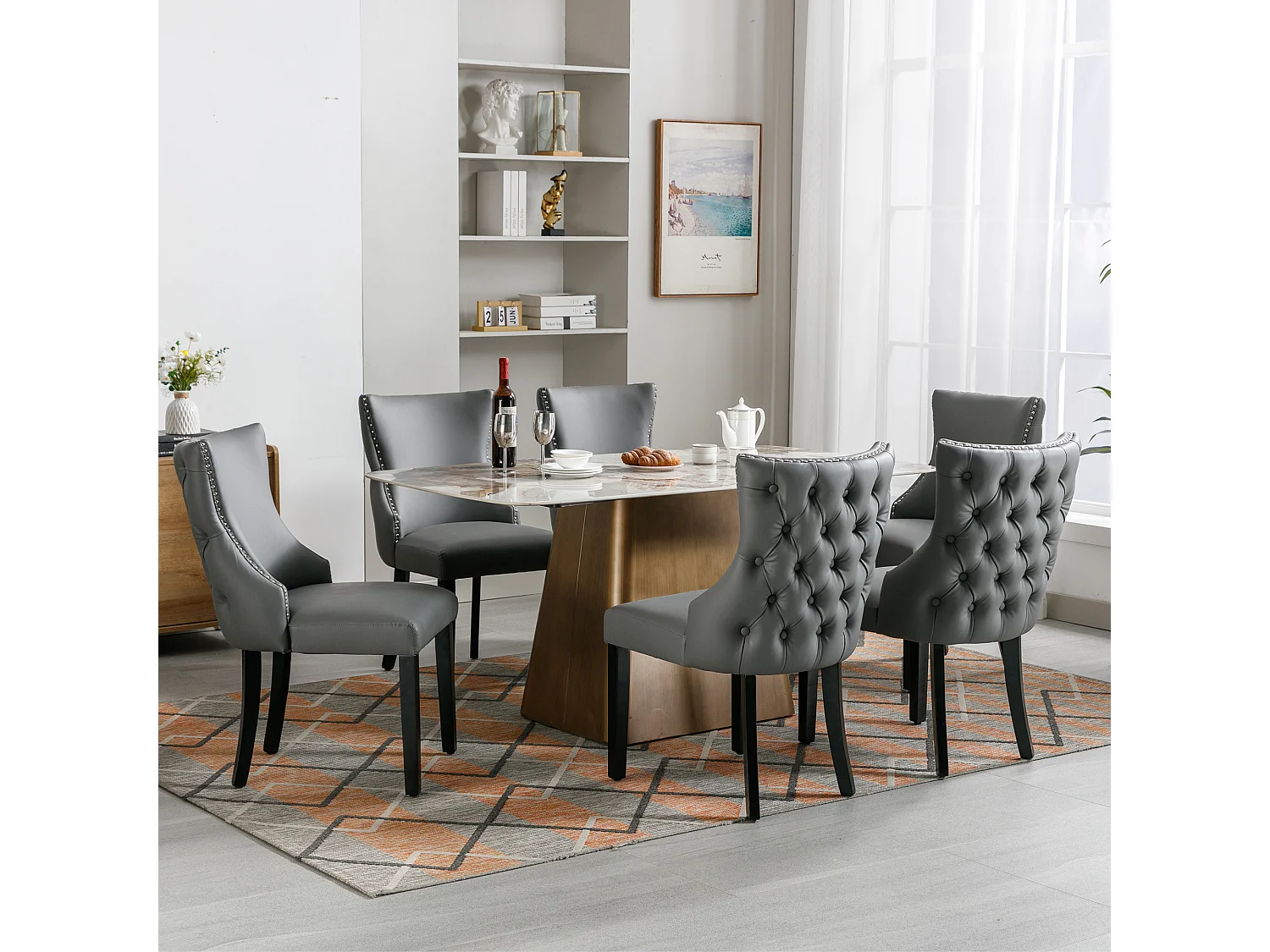 Moderne stoel met geknoopte rugleuning, massief houten poten, grijs