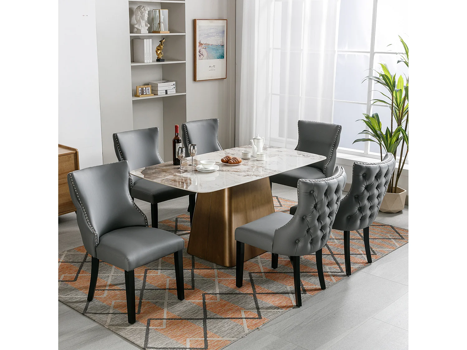 Moderne stoel met geknoopte rugleuning, massief houten poten, grijs