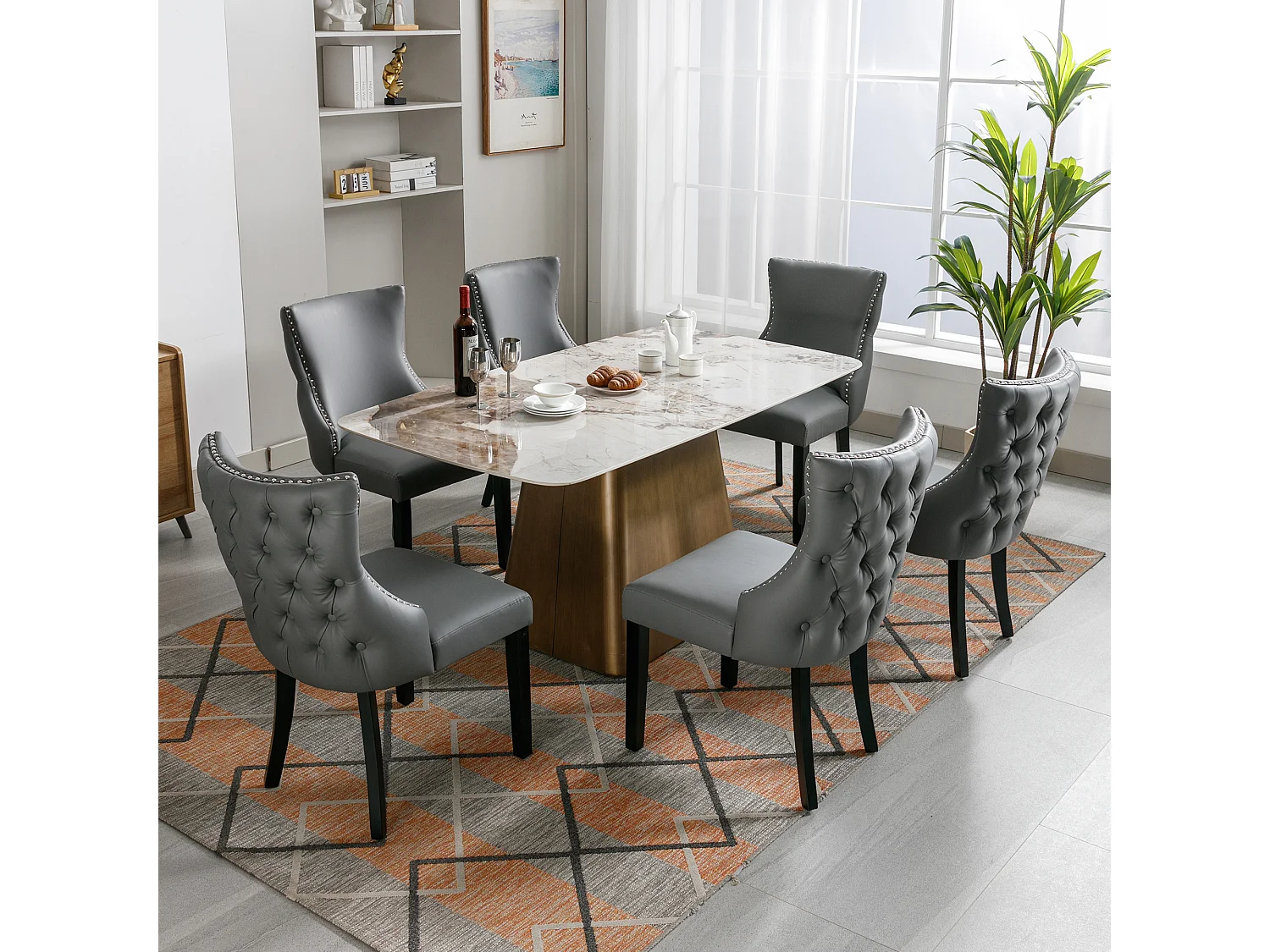 Moderne stoel met geknoopte rugleuning, massief houten poten, grijs