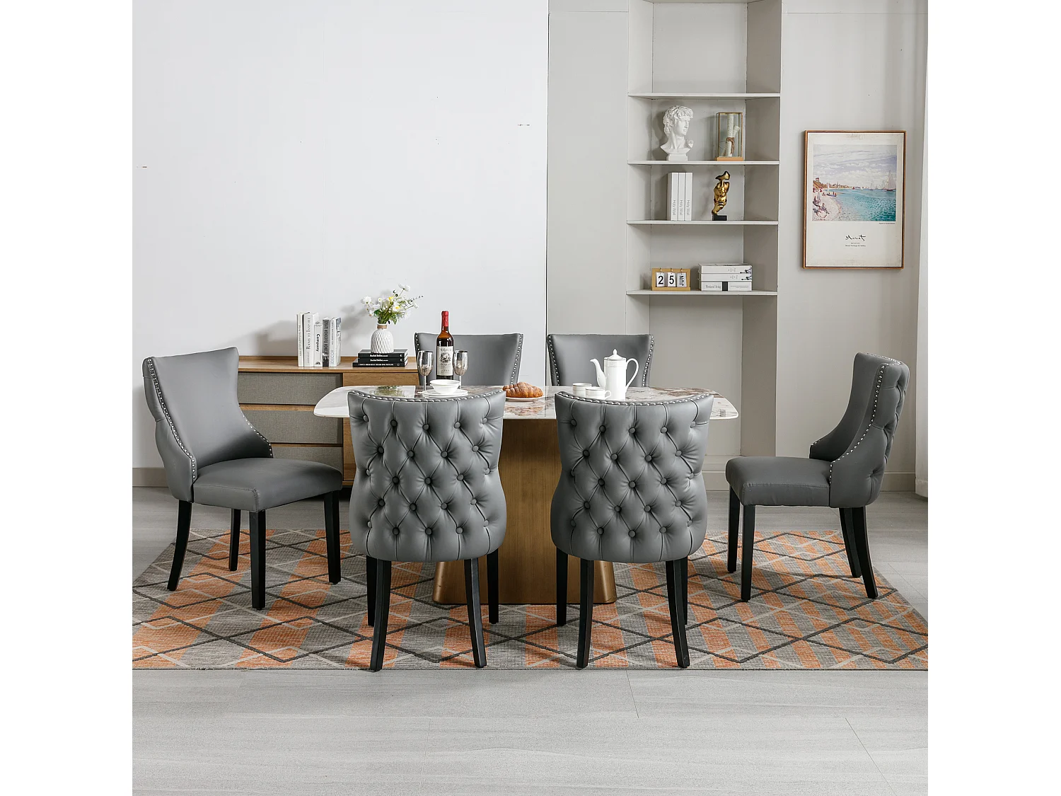 Moderne stoel met geknoopte rugleuning, massief houten poten, grijs