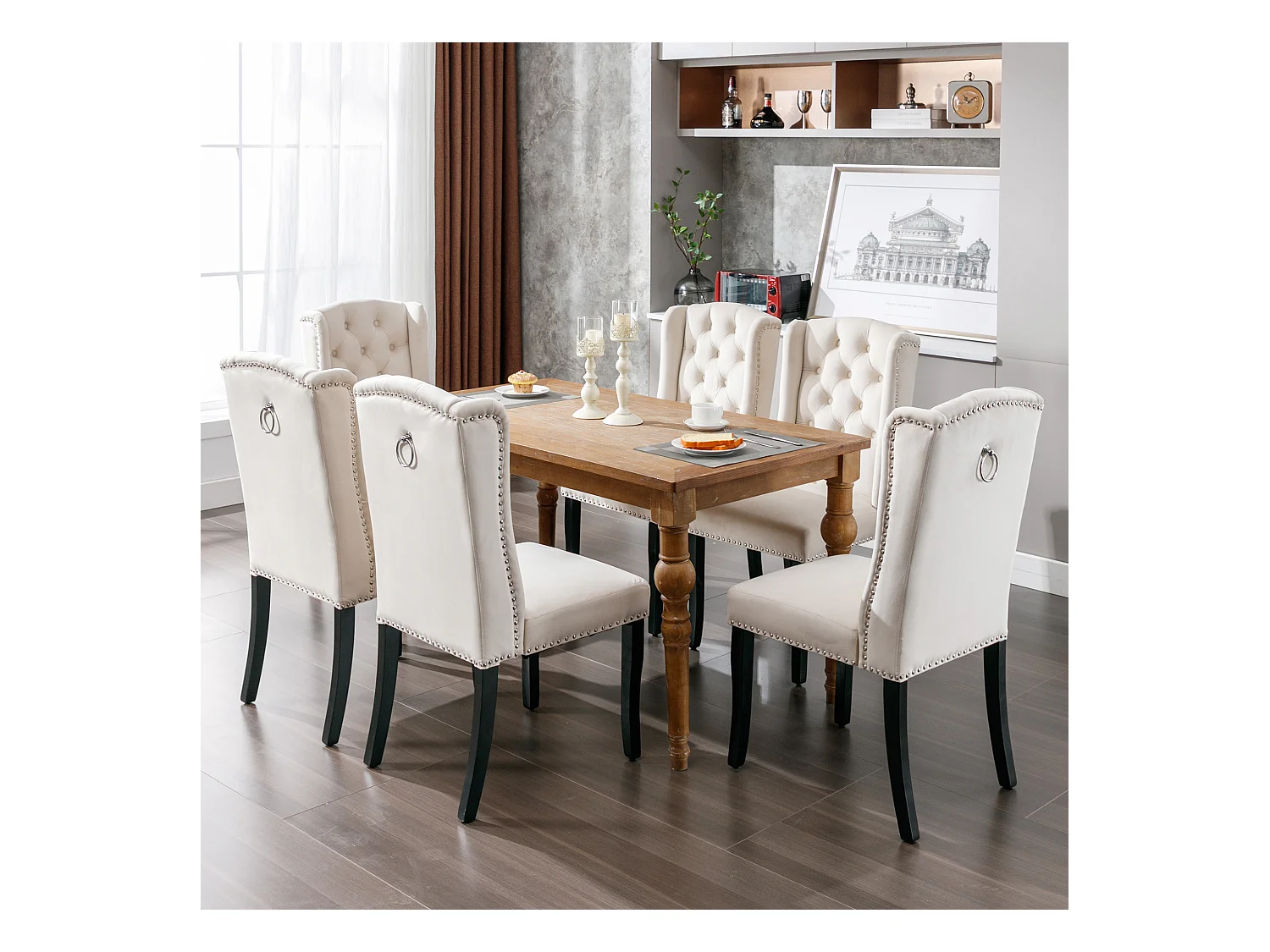 Set van 4 beige fluwelen eetkamerstoelen