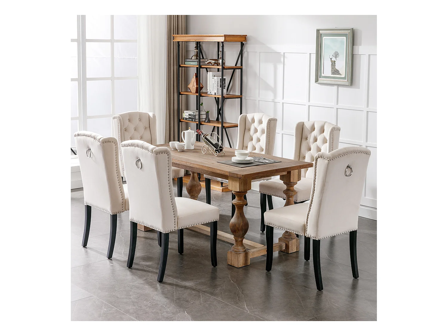 Set van 4 beige fluwelen eetkamerstoelen