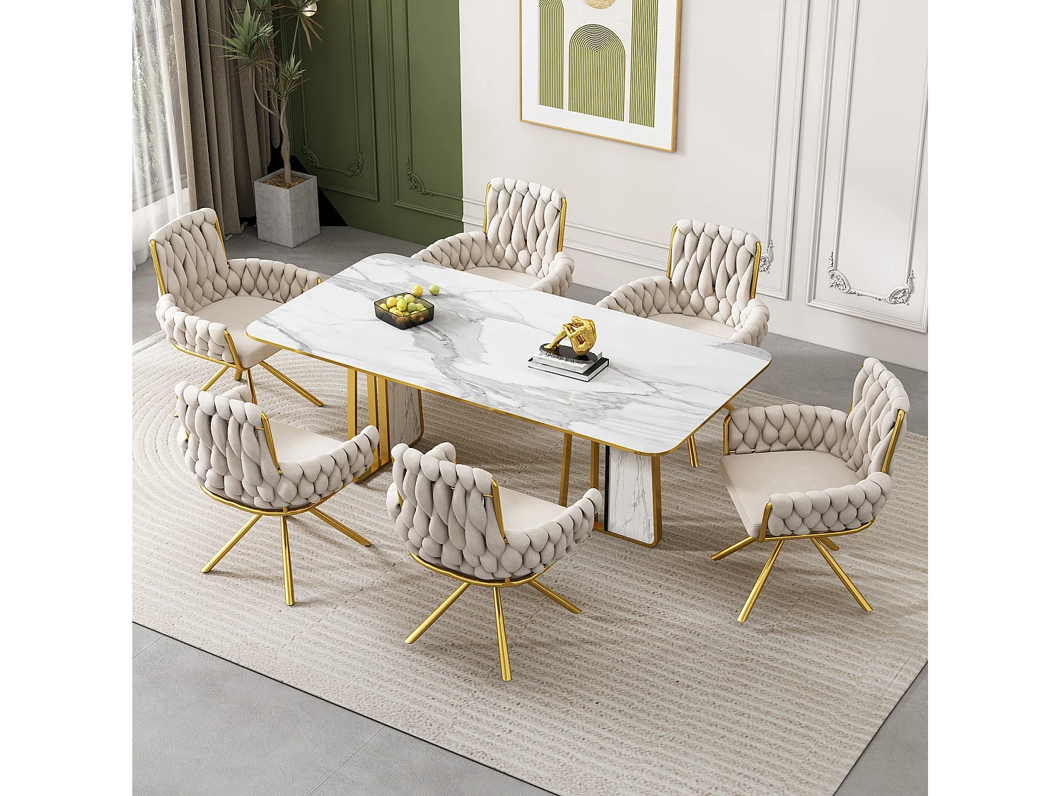 Chaise en velours de luxe pour salle à manger, ensemble de 6 chaises, beige