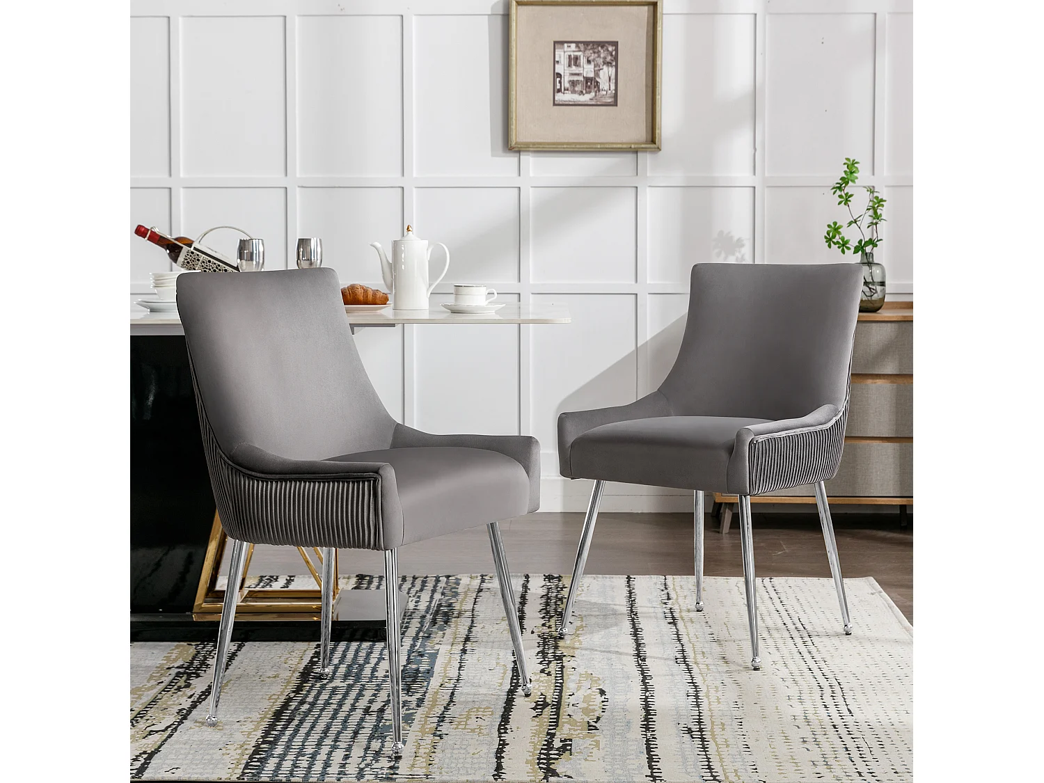 Set van 4 verticaal gestreepte grijze eetkamerstoelen