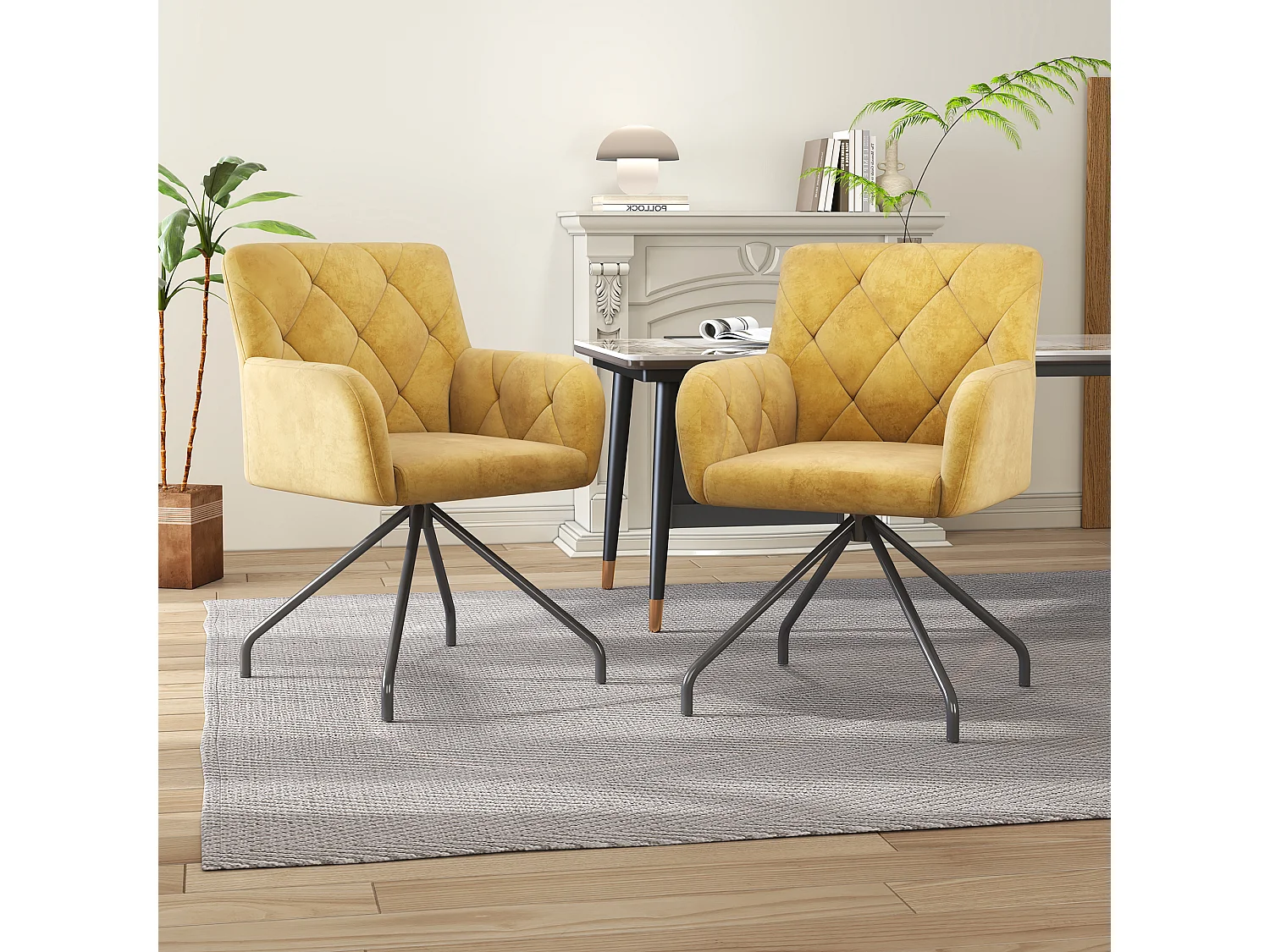 Ensemble de 6 chaises de salle à manger avec motif de losanges, fauteuil rembourré à 4 pattes en métal,  en éponge et en velours, jaune