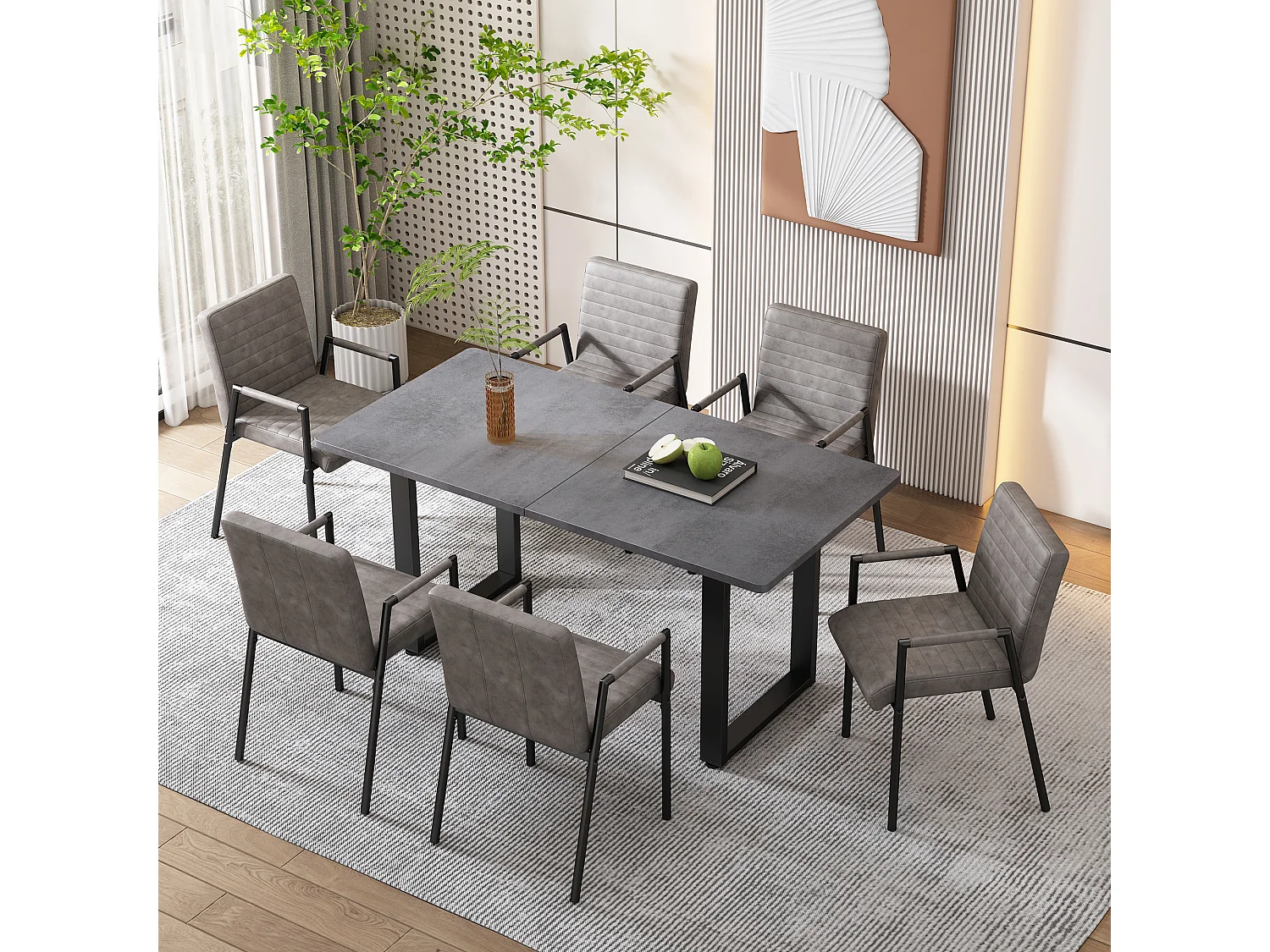 Stoel - set van 6 verticaal gestreepte eetkamerstoelen, grijs