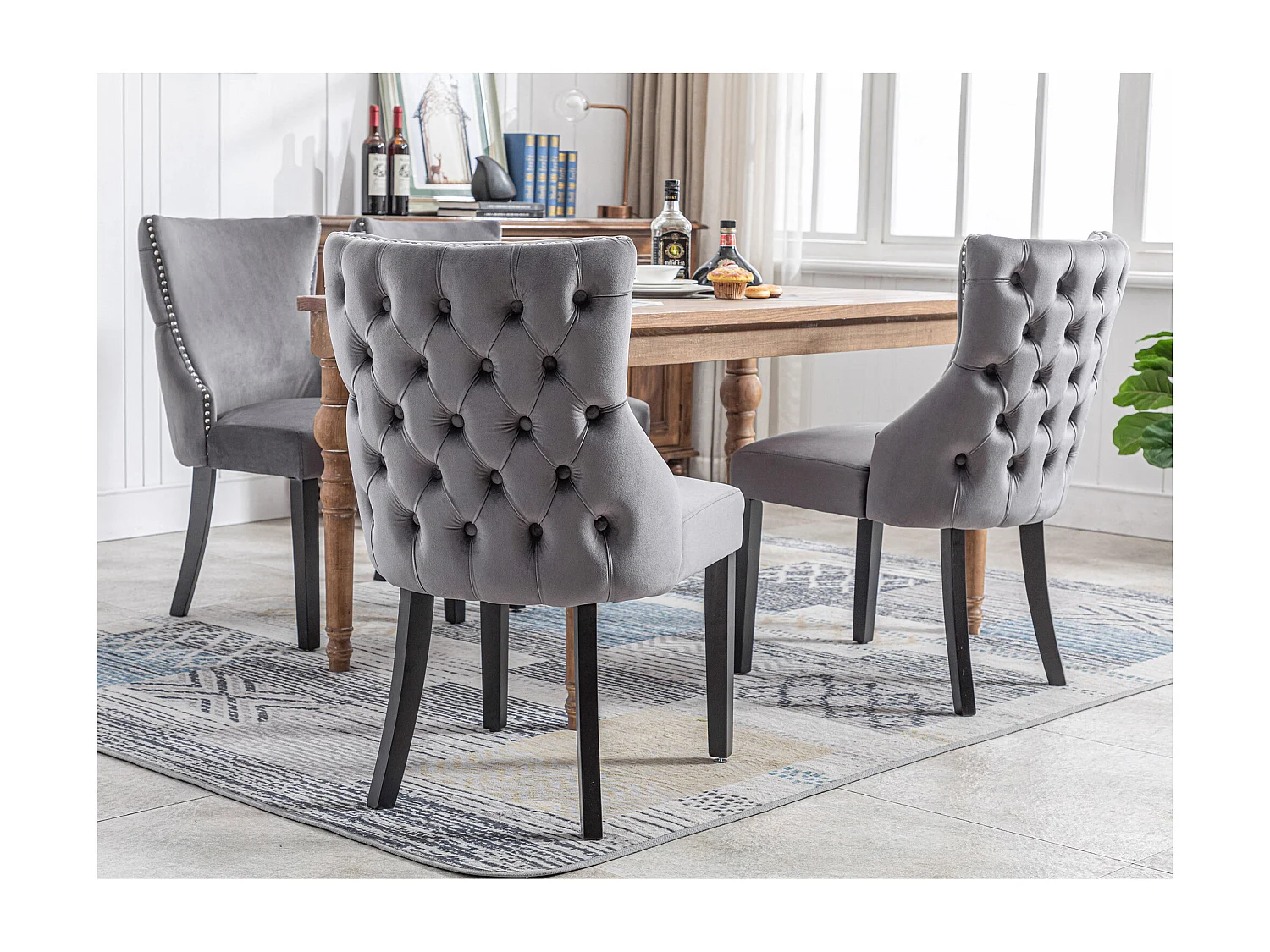 Chaise salle à manger velluto grigio pieds bois massiccio design confortevole capitonné lotto di 2