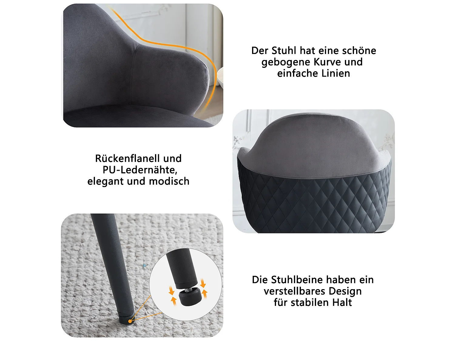 Eetkamerstoel (1 stuk), donkergrijs, bijpassende stoel van fluweel en pu-leer