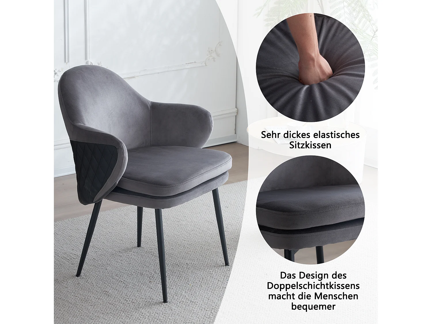 Eetkamerstoel (1 stuk), donkergrijs, bijpassende stoel van fluweel en pu-leer