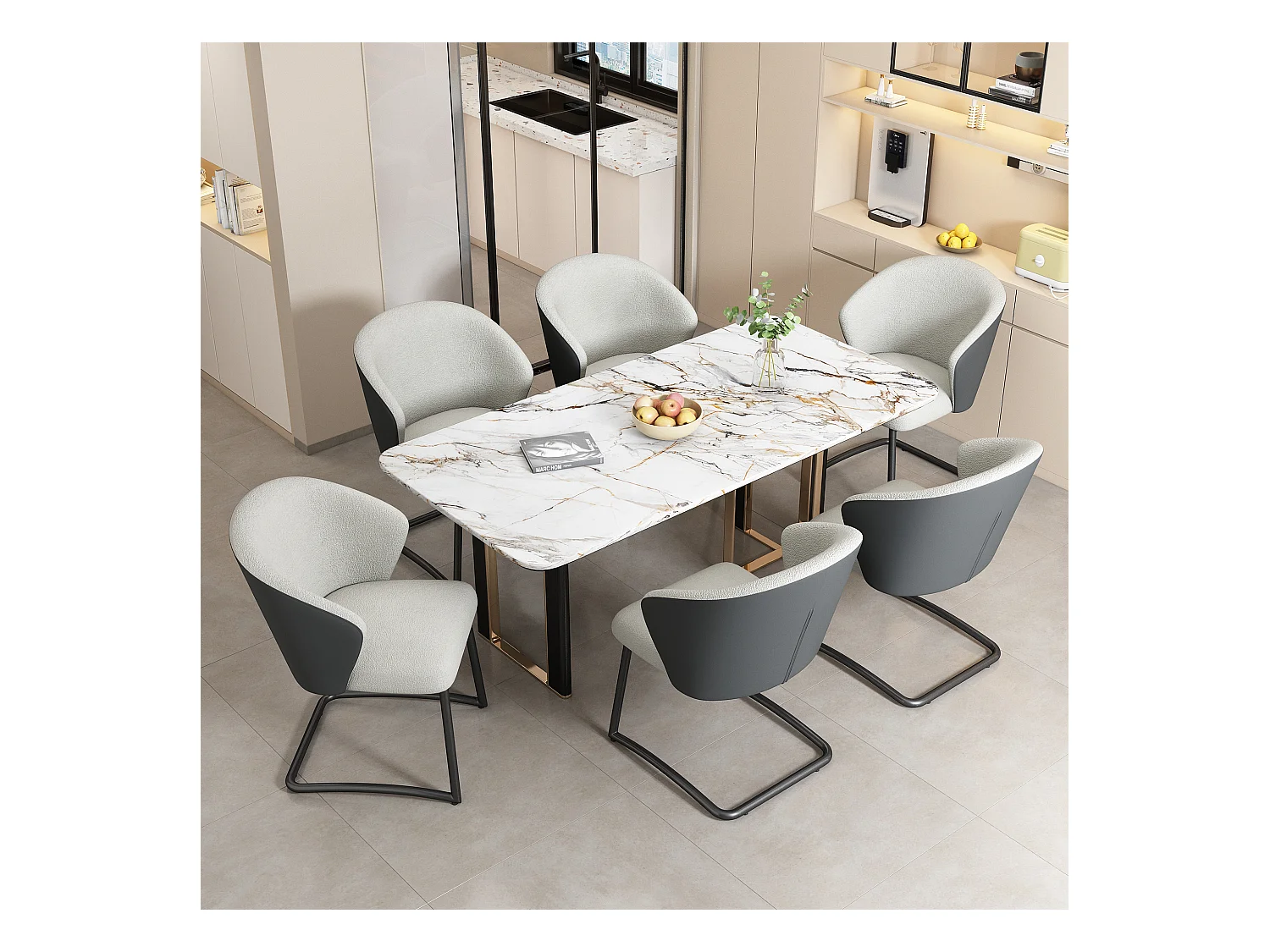 Teddy-samt pluche stoelen - set van 6 beige stoelen