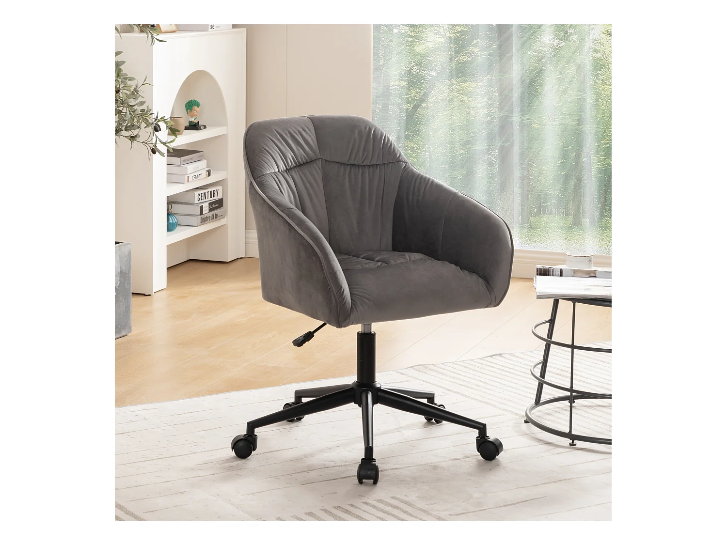 Chaise pivotante ajustable en hauteur, respirante, avec dossier,, en velours gris, pieds noirs