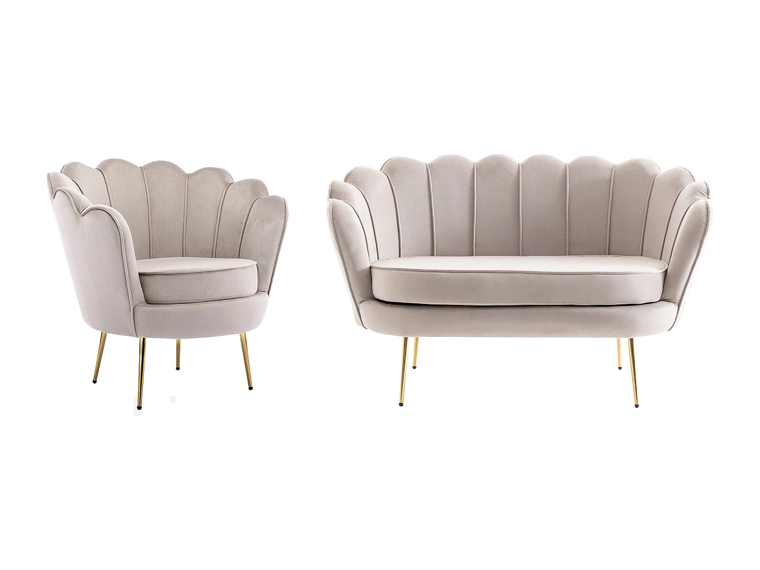 Canapé 2 places et fauteuil coquillage en velours taupe DANDELION de Pascal Morabito