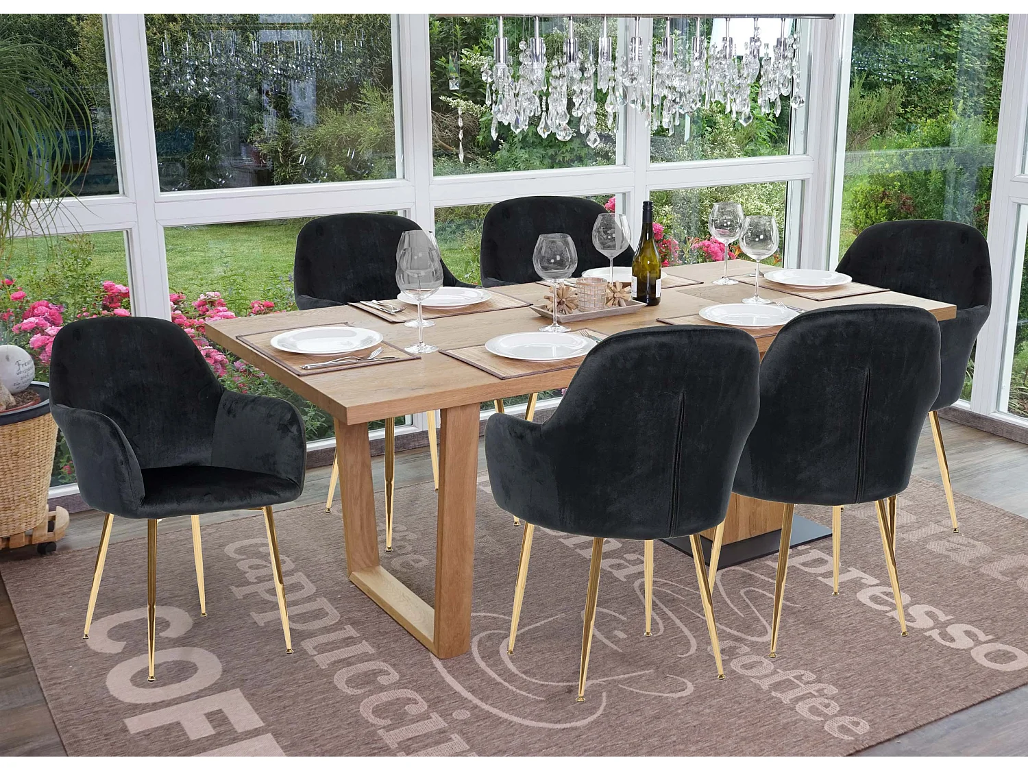 Silla de comedor MCW-F18 (juego de 6),  terciopelo negro, patas doradas