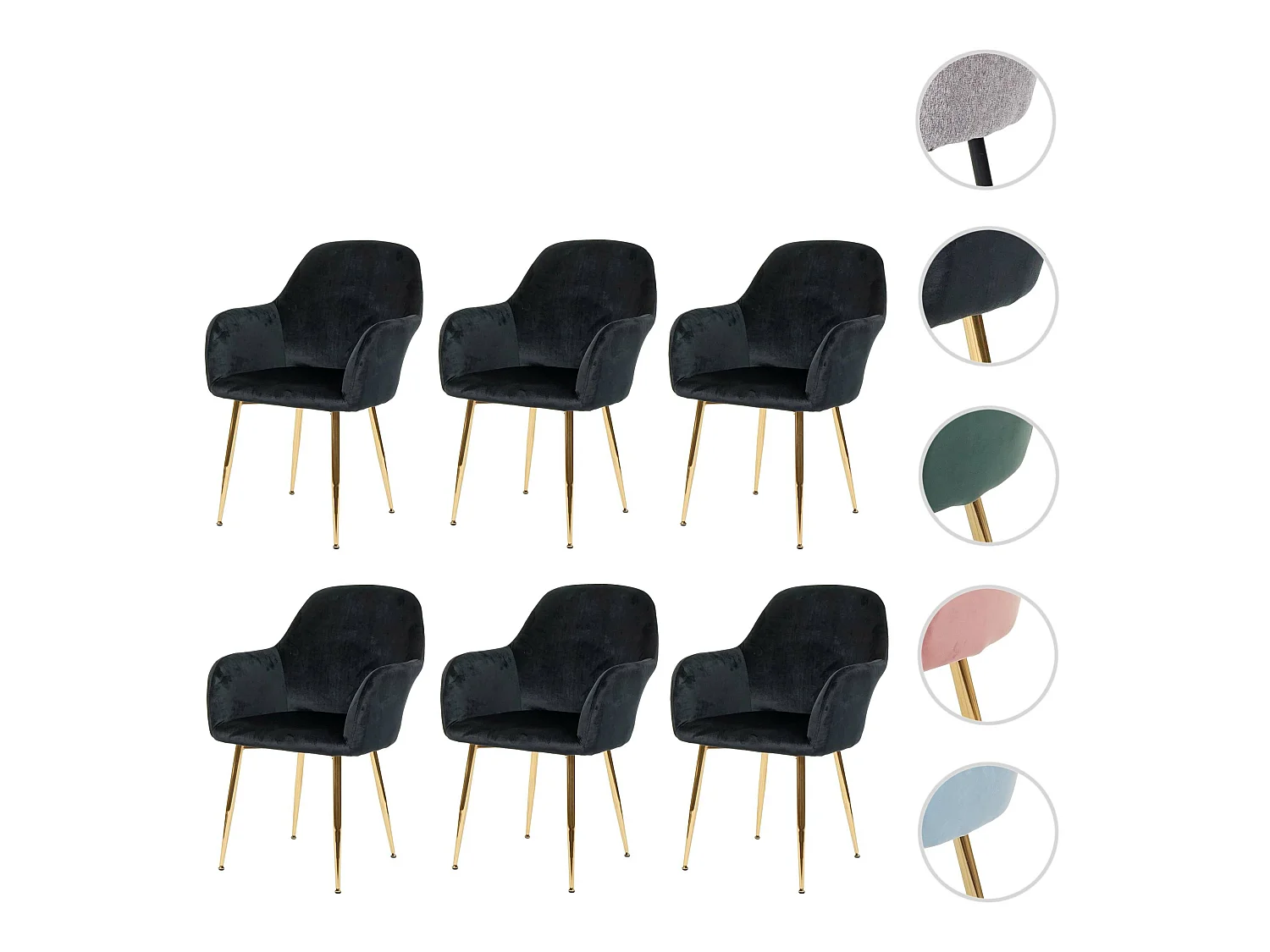 Eetkamerstoel MCW-F18 (set van 6),  fluweelzwart, gouden poten